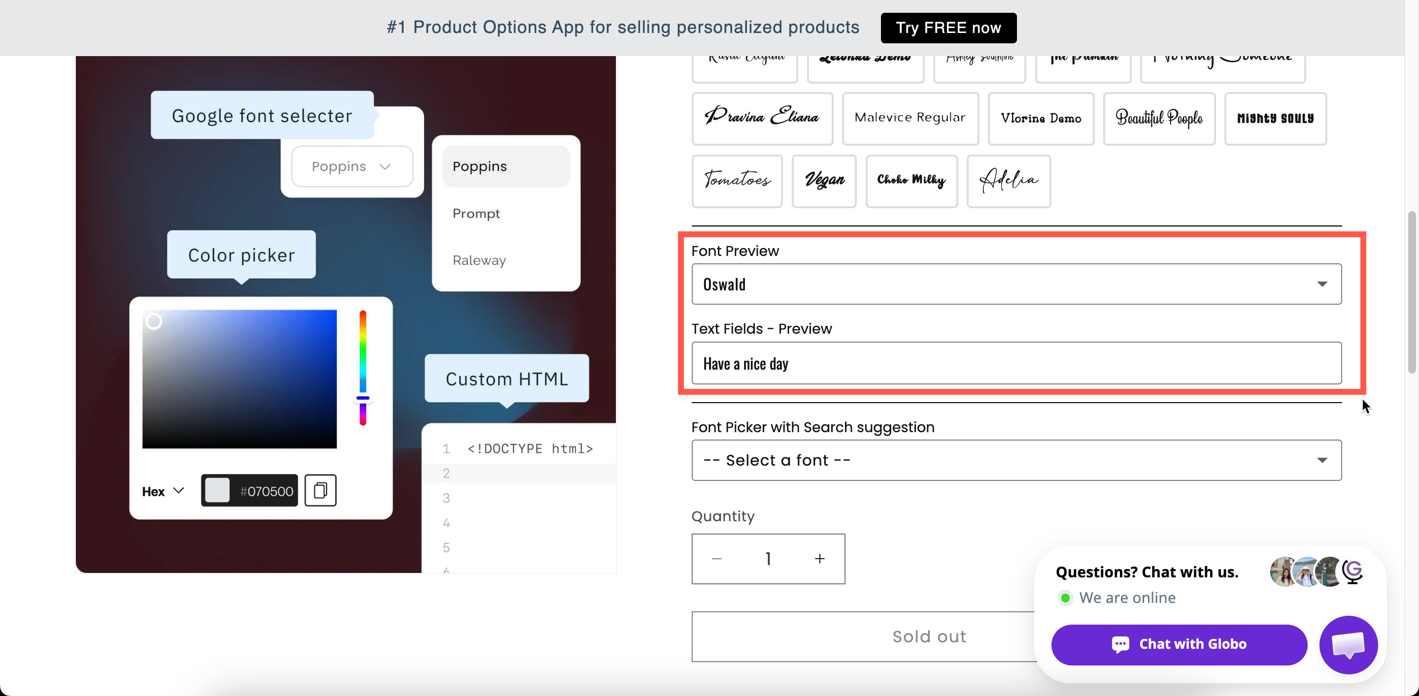 An open font picker on a storefront product page with each font name drawn in its own typeface