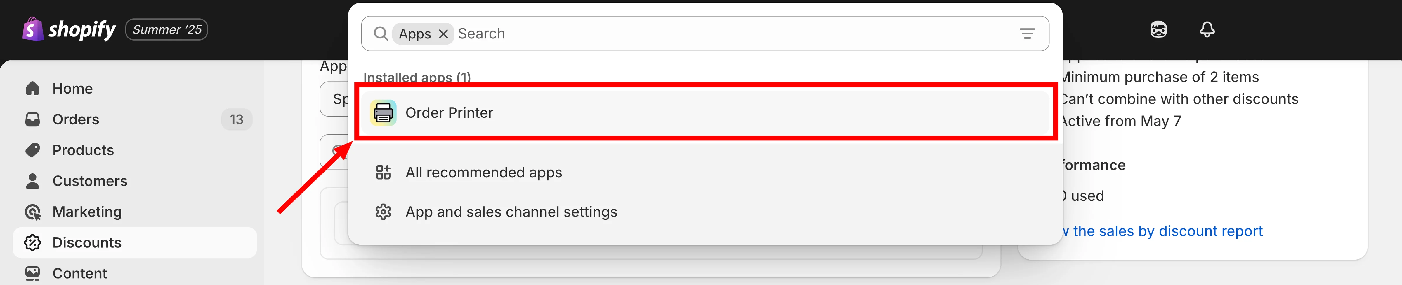 The Apps list in Shopify admin with Order Printer highlighted