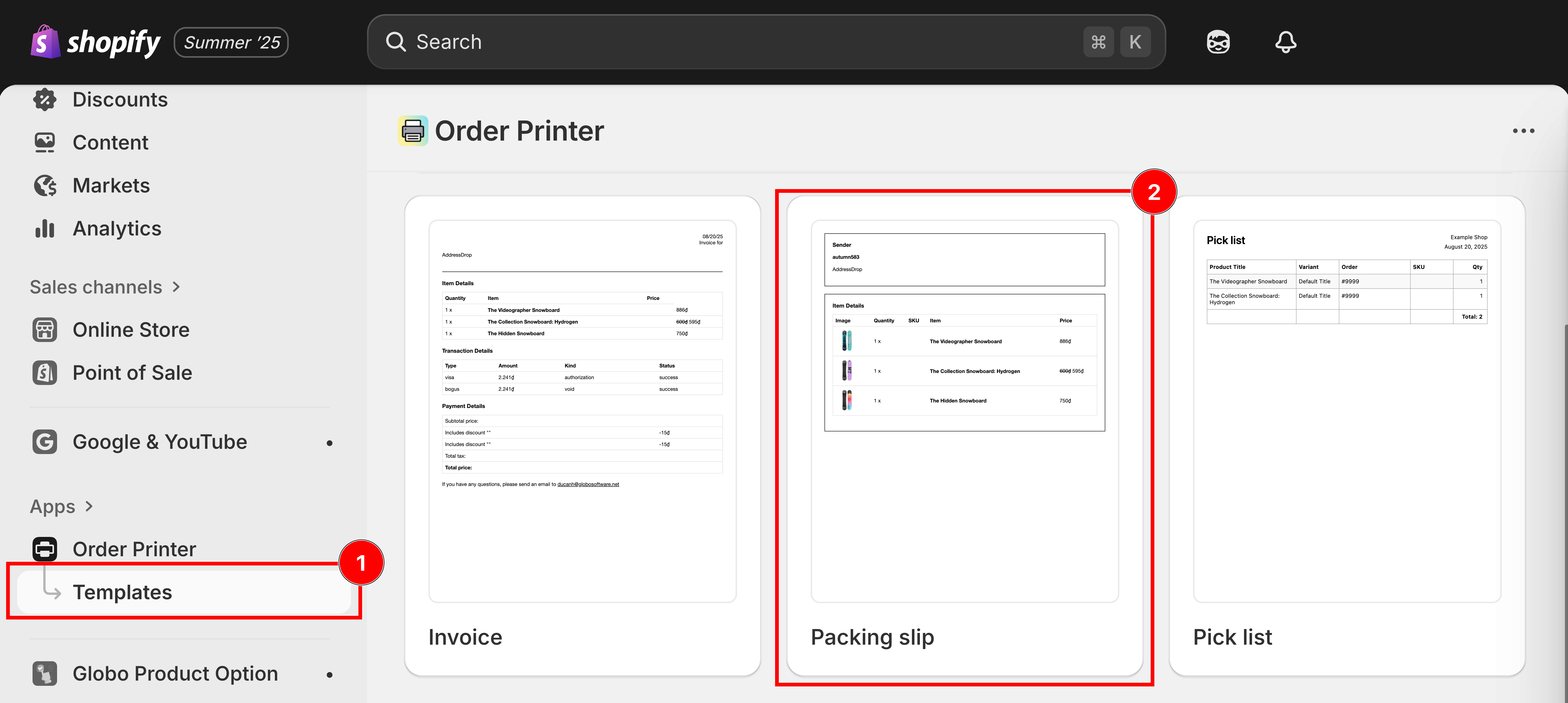 The Order Printer templates screen with Manage templates and the Packing slip template highlighted