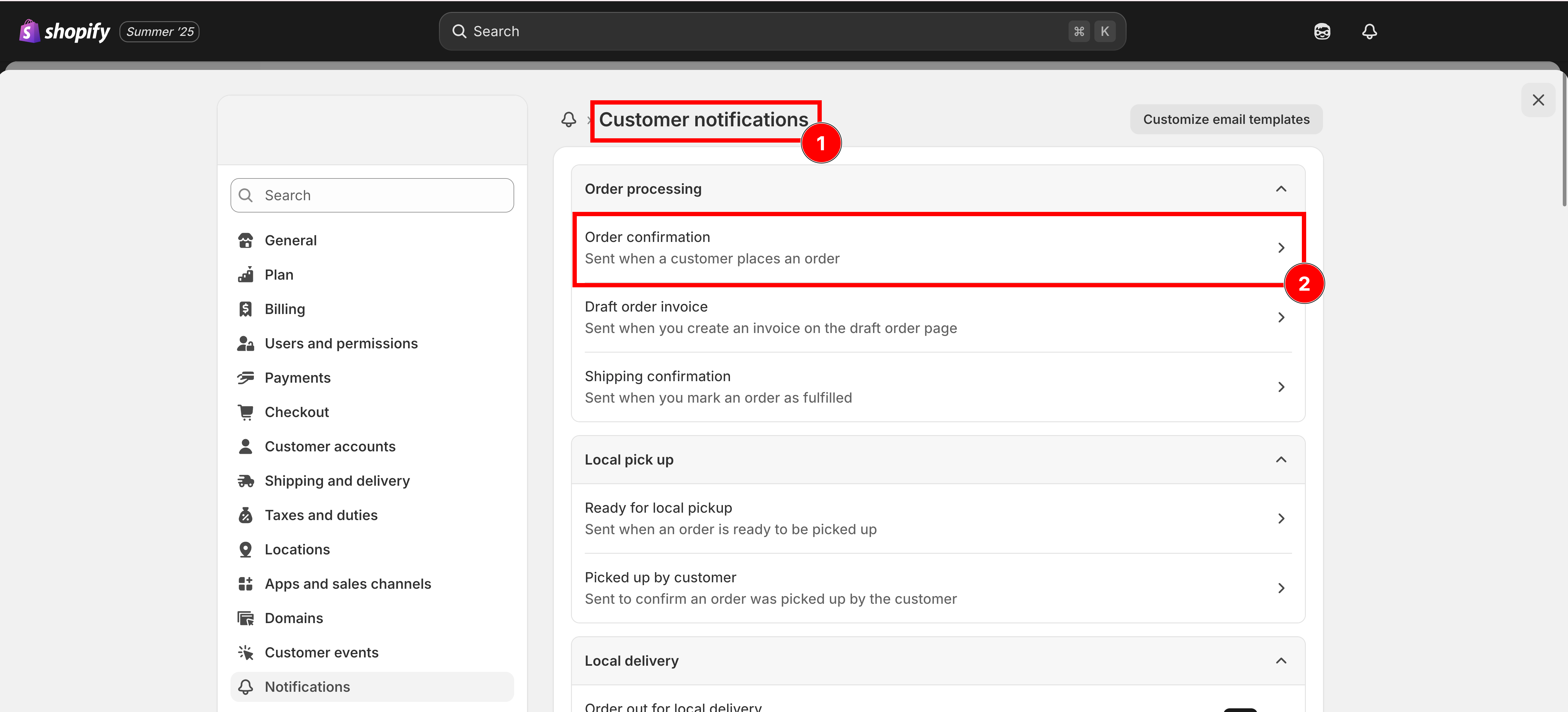 The Customer notifications list with Order confirmation highlighted