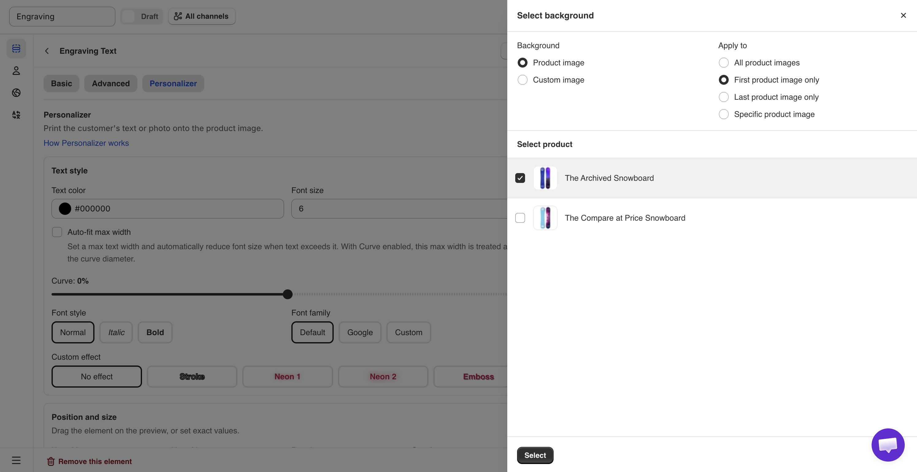 The Change background panel, with the image source and the product images it applies to