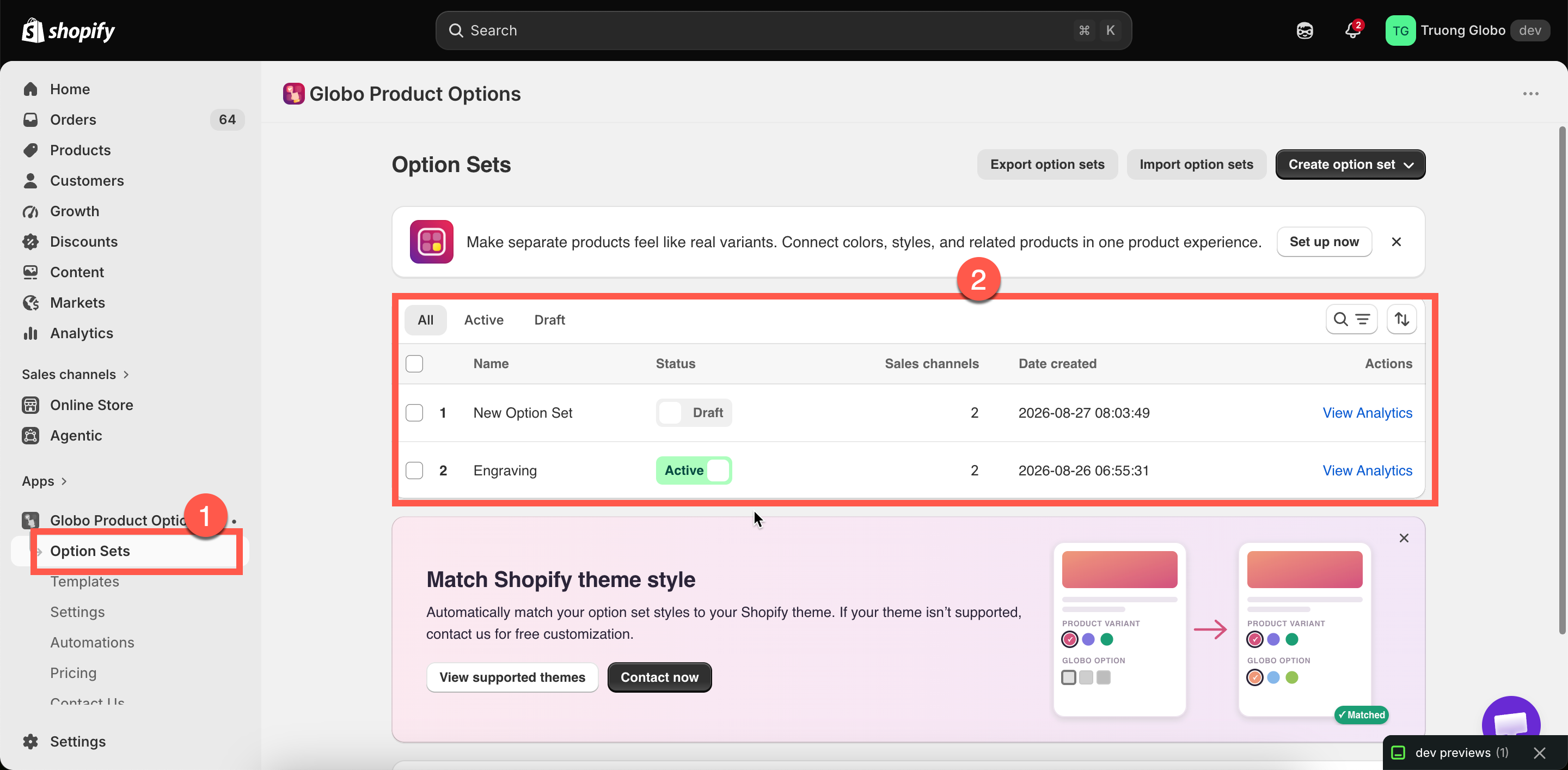The Option Sets list page with filter tabs, search, and the create button