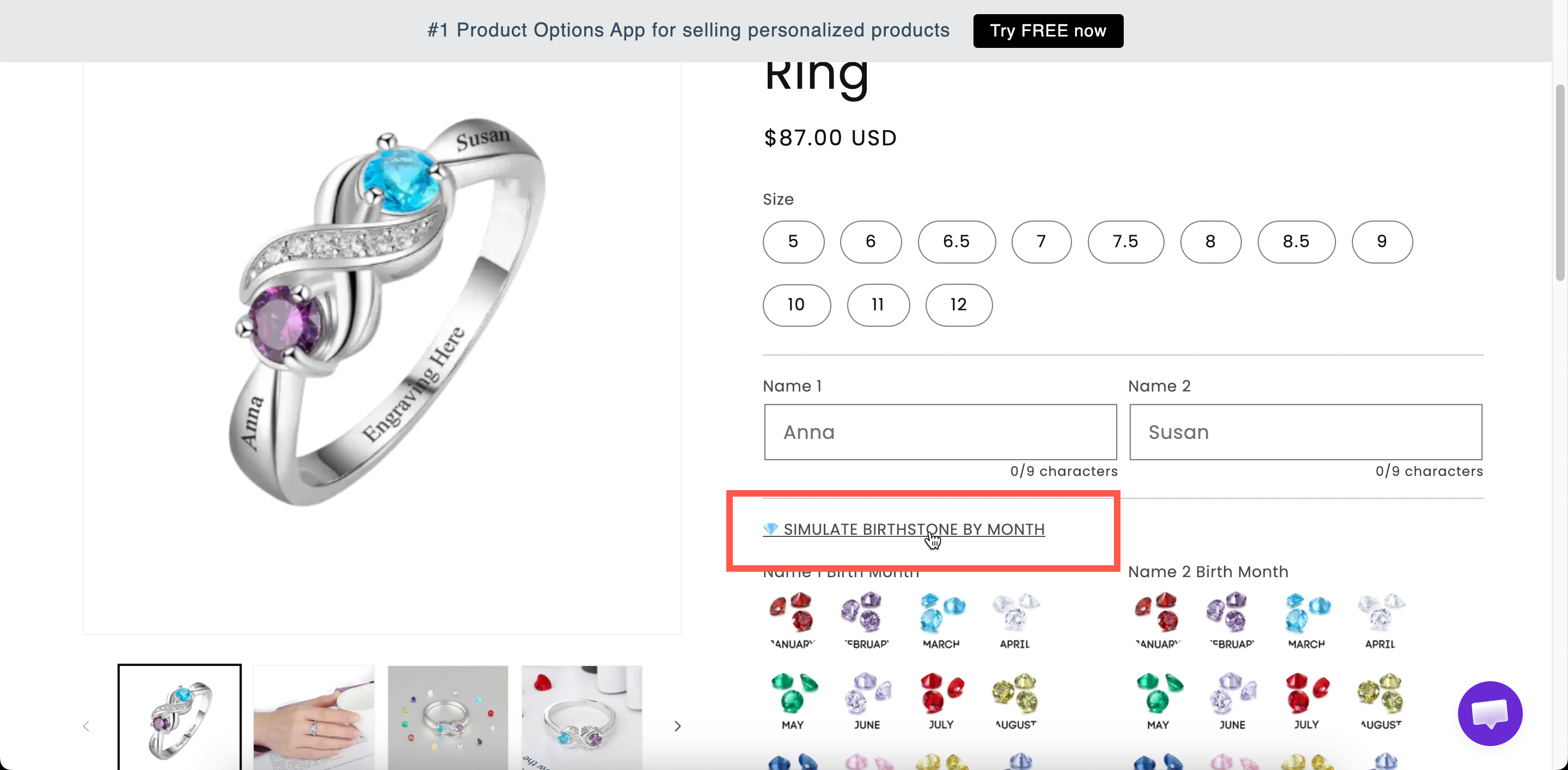 A pop-up modal link on a storefront product page and the dialog it opens