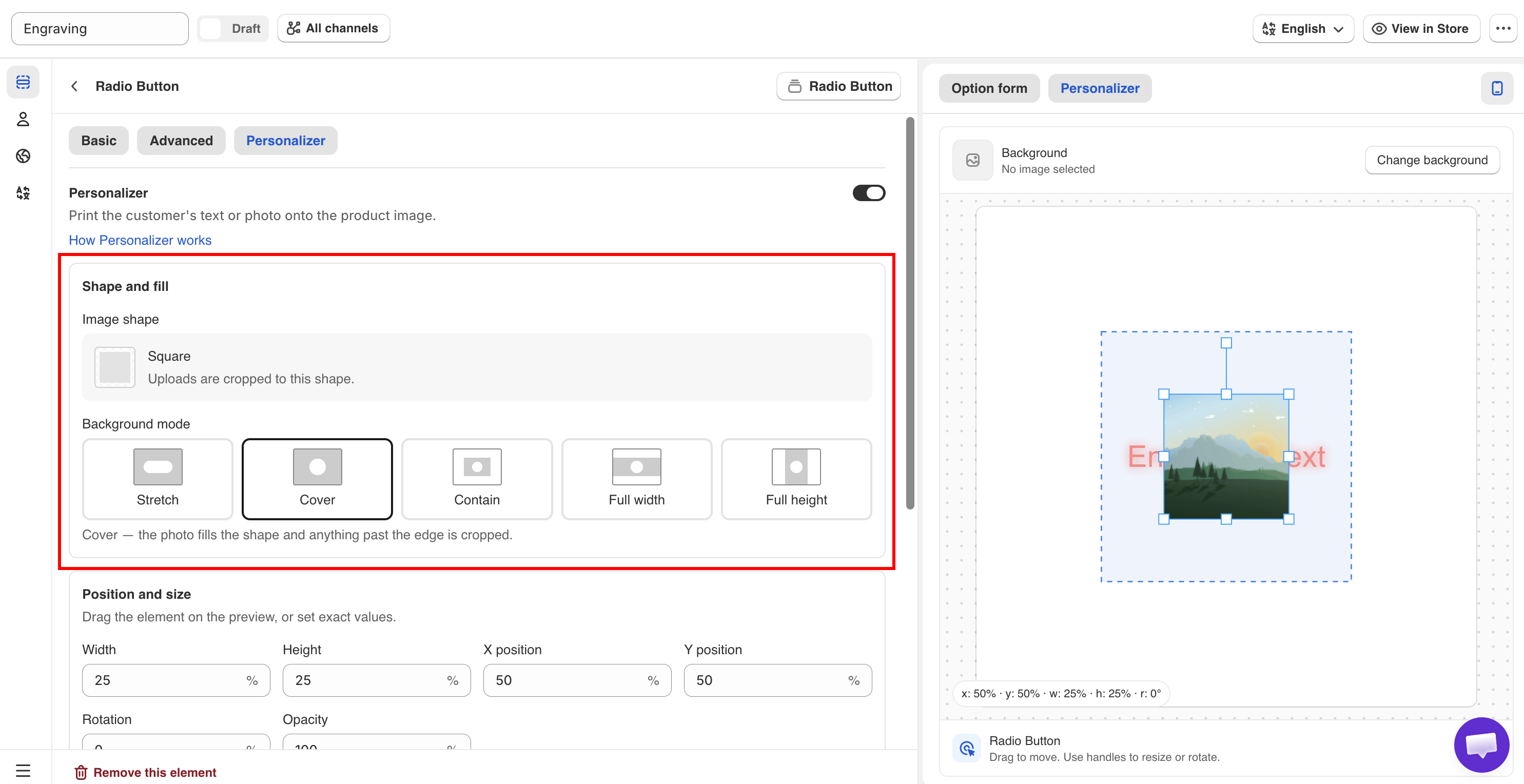 The image shape picker and background mode setting on an image layer