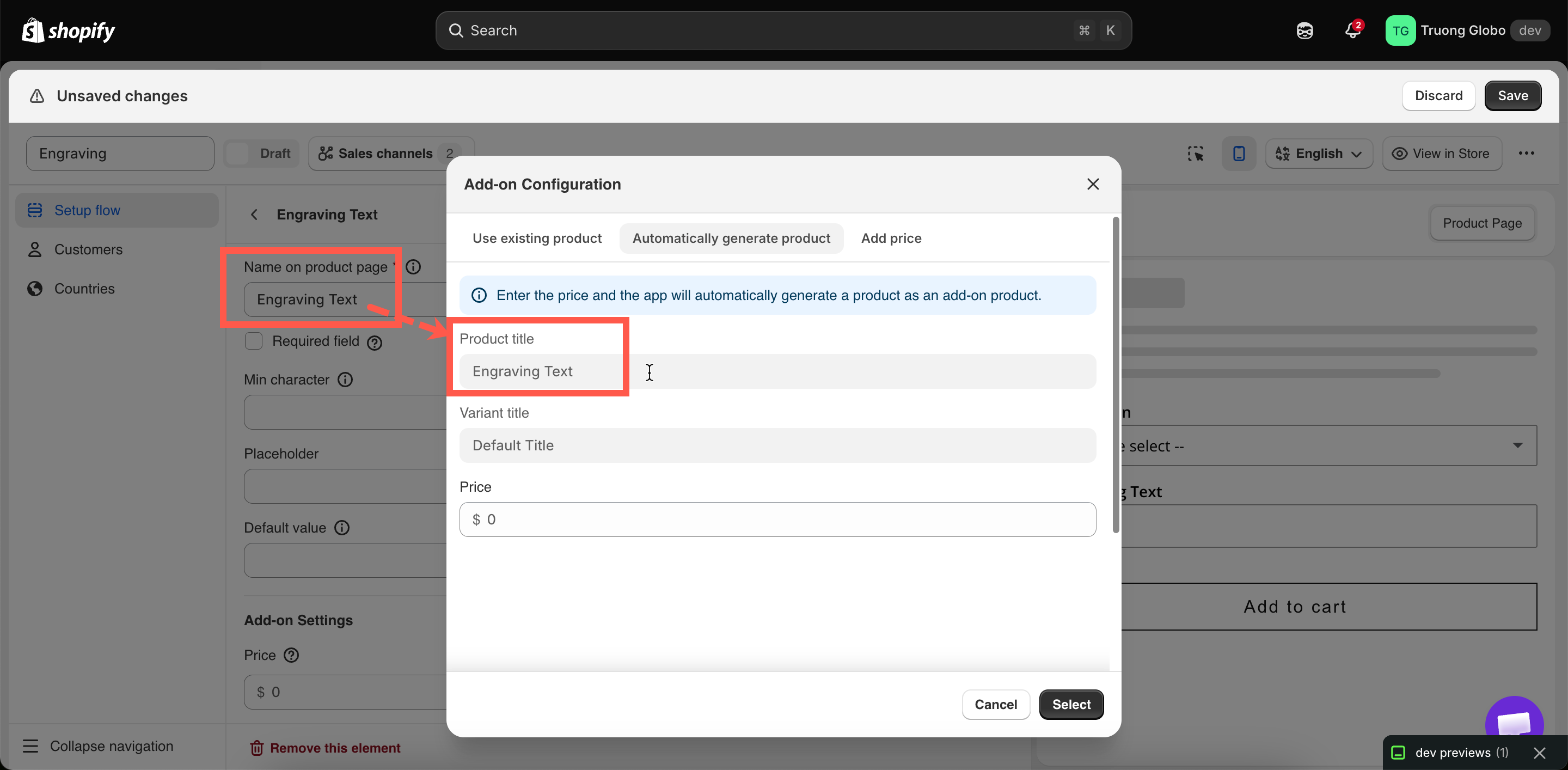 The New product tab showing read-only titles and a price field