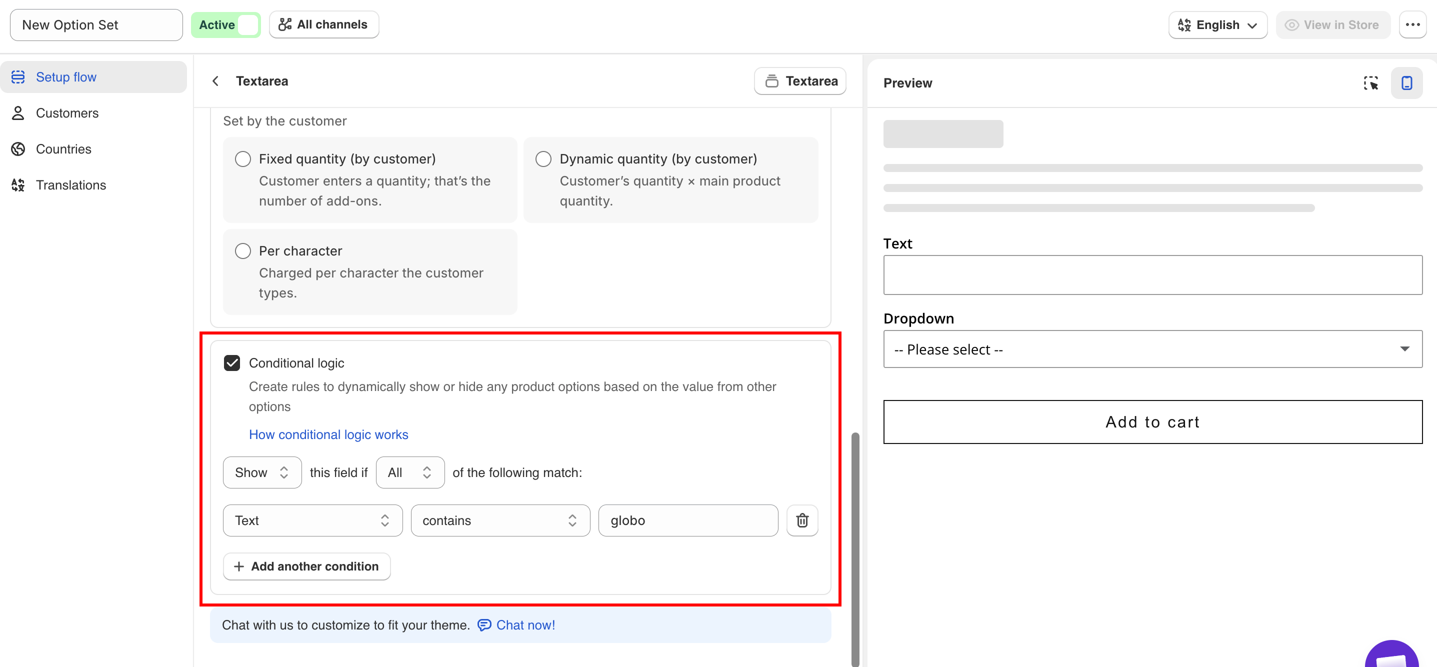 An option's settings with Conditional logic enabled and a rule built underneath