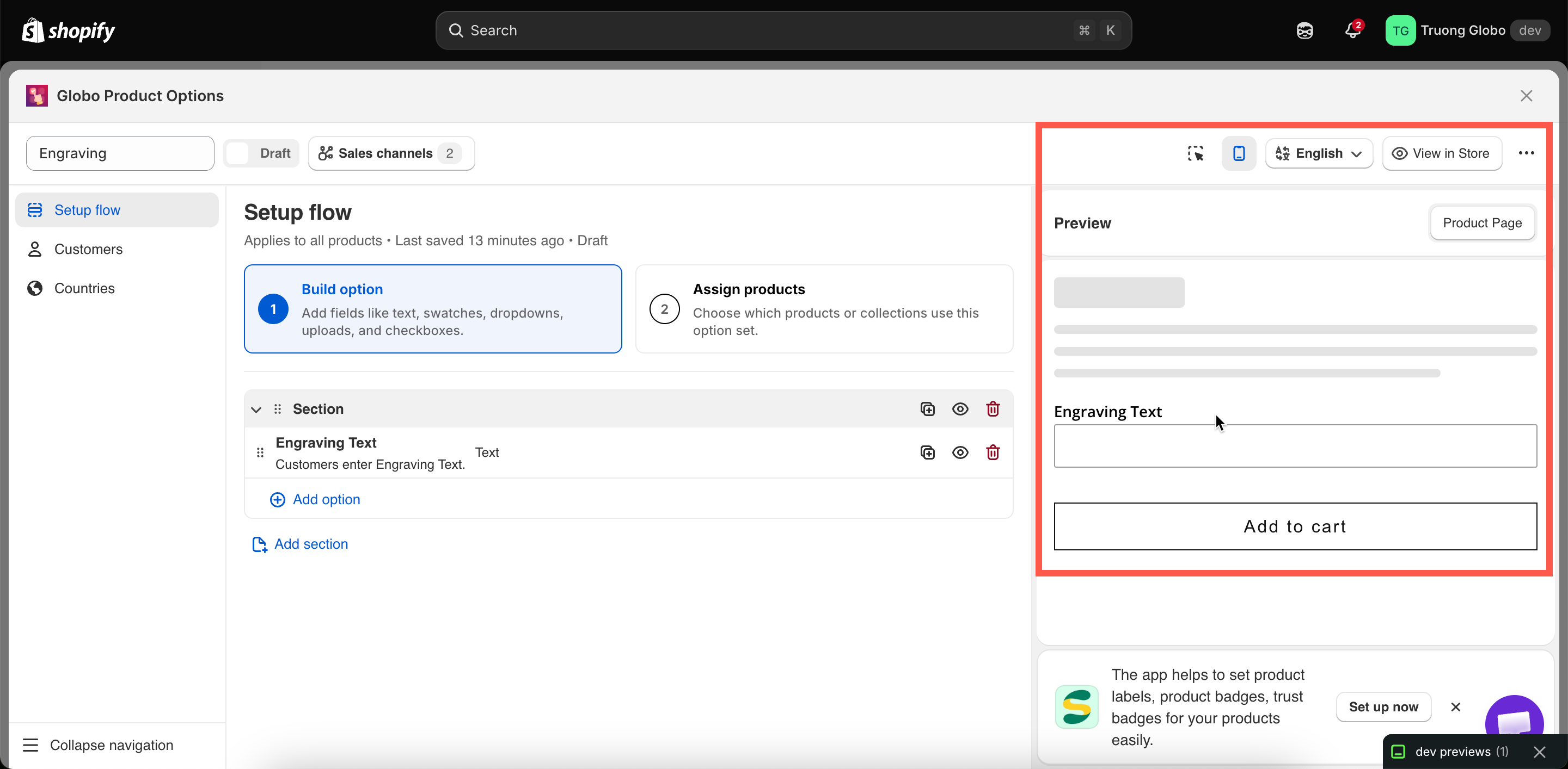 The builder header controls for editor and preview, viewport, inspector, and language