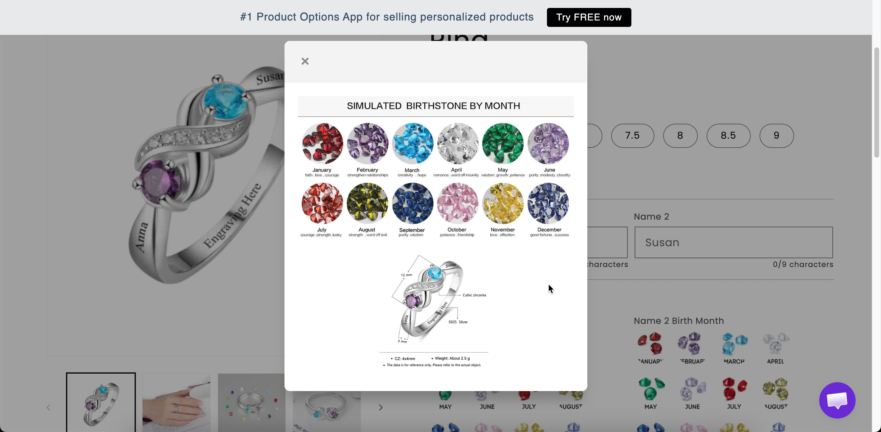 A pop-up modal opened from a link on a storefront product page