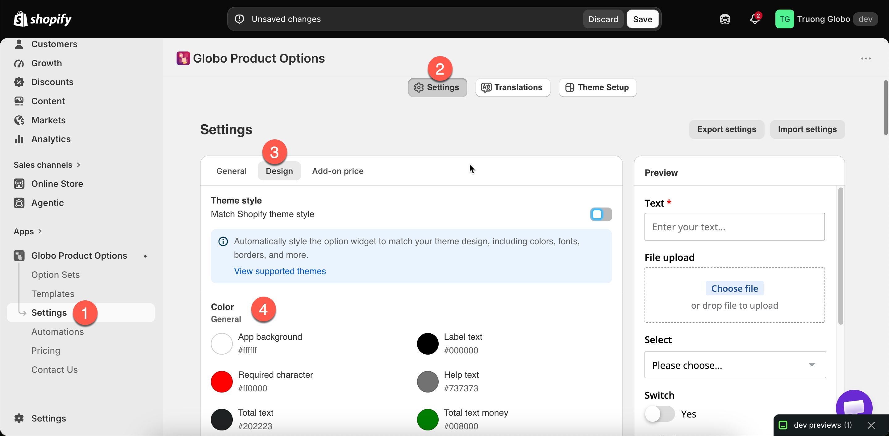 The Color group in Design settings with its sub-groups of color fields