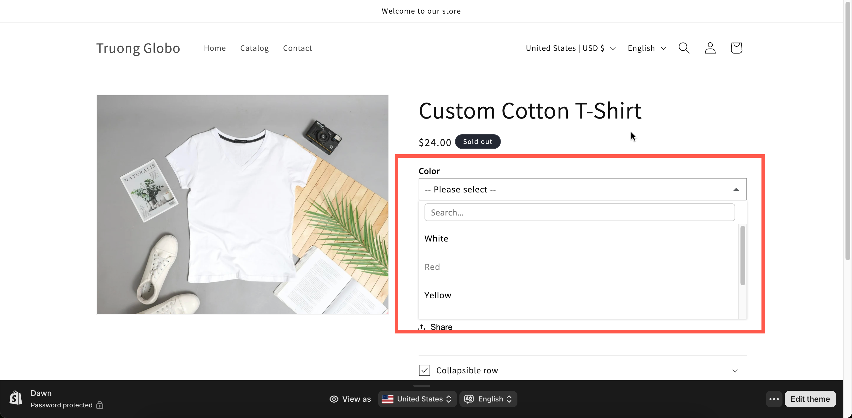 An open styled dropdown on a storefront product page with a search box and an unavailable entry