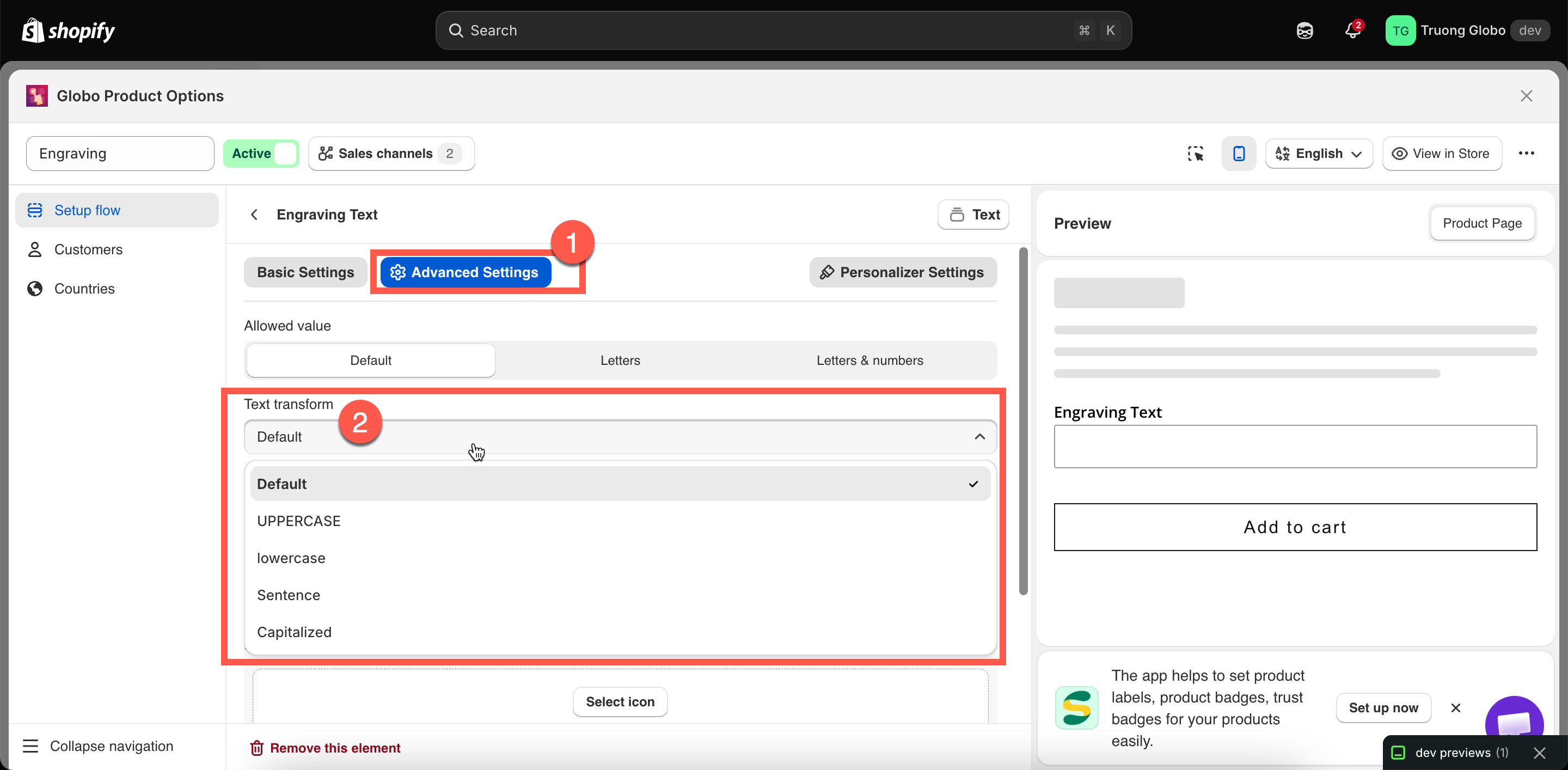 The Allowed value and Text transform settings on a Text option's Advanced tab