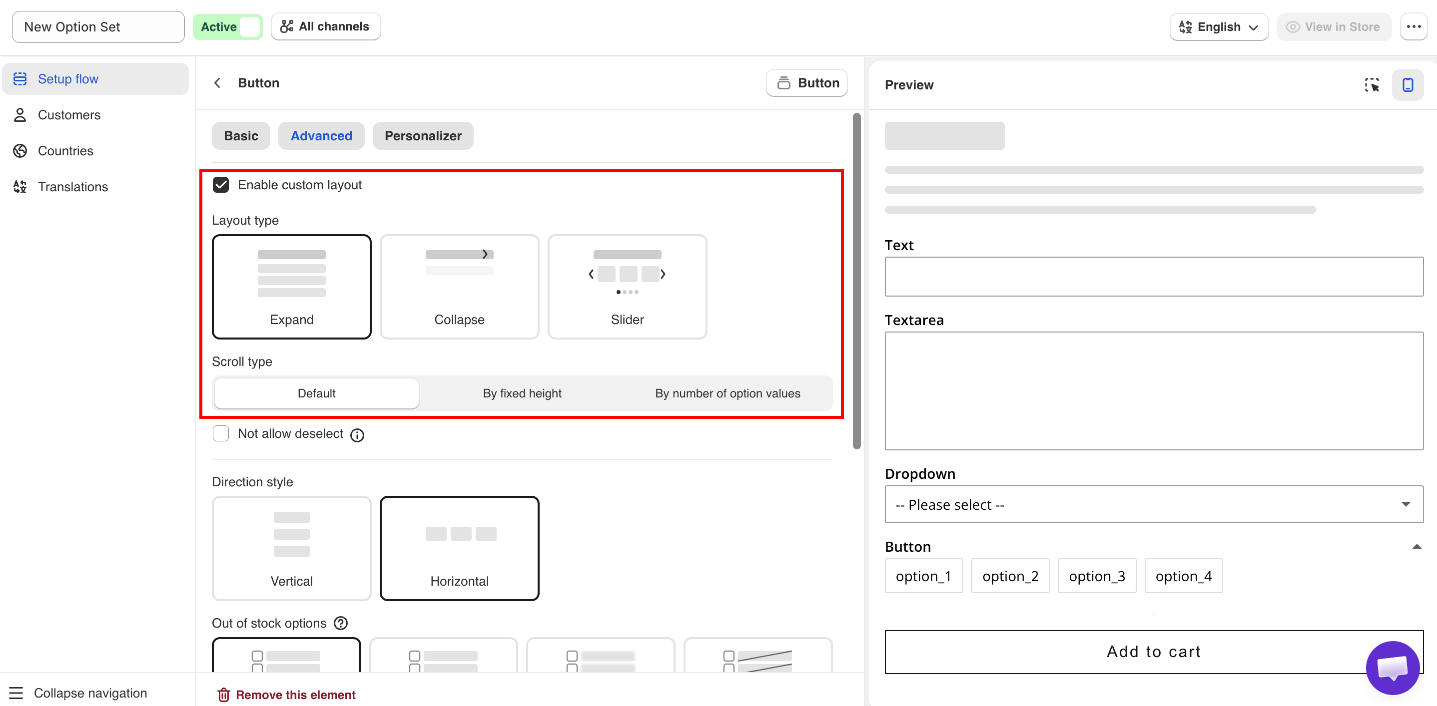 Slider settings for an Image swatch option