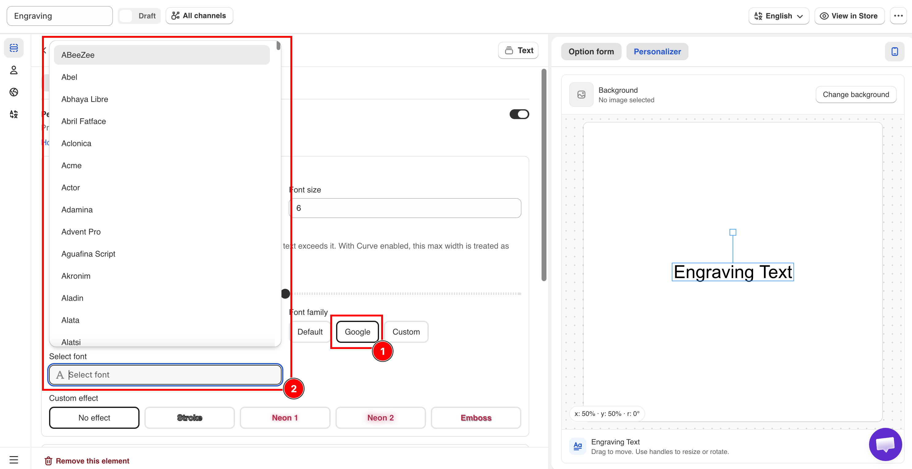 The font family setting with Google selected and the font picker open