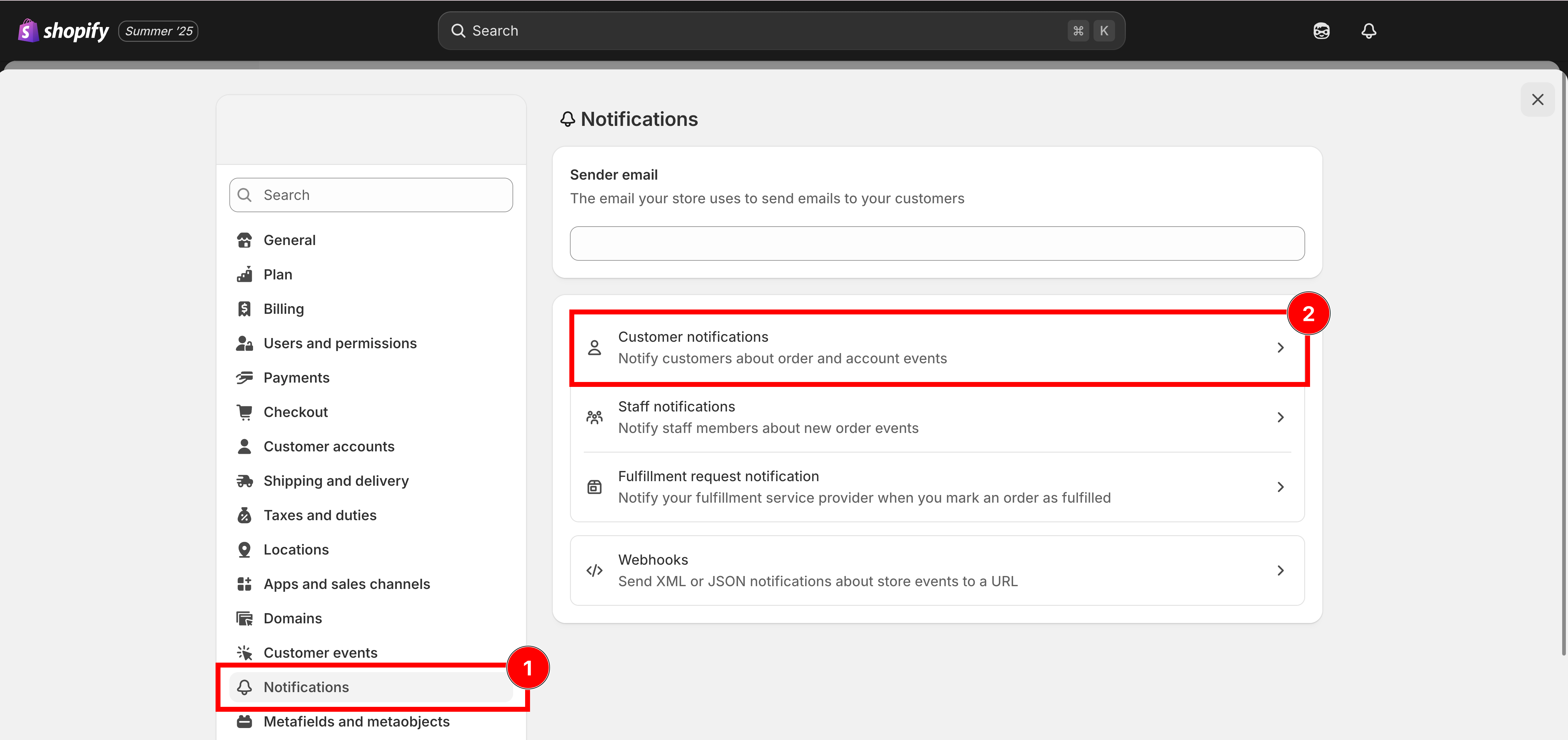 Shopify settings with the Notifications section open