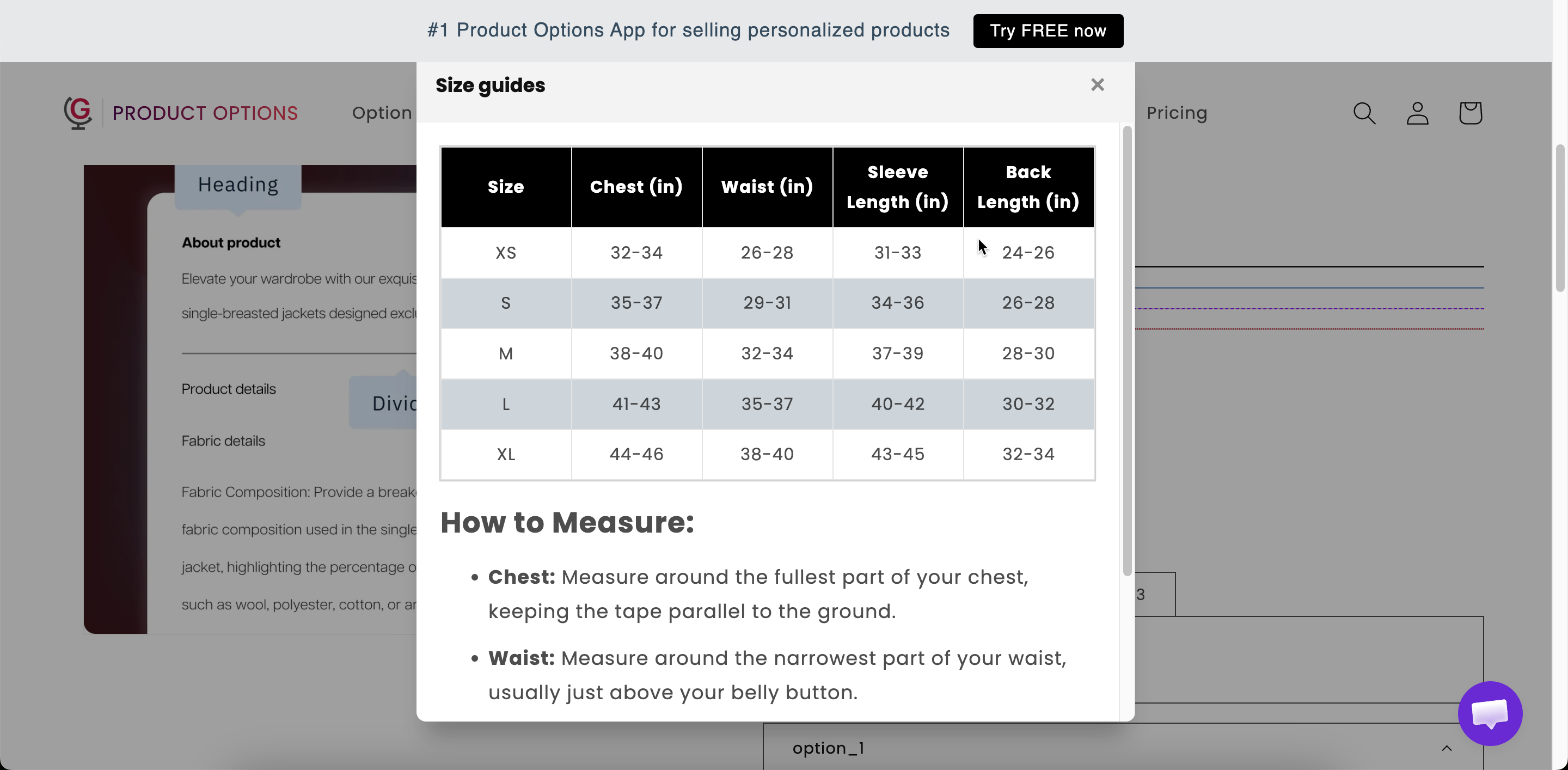 A size chart opened from a link on a storefront product page