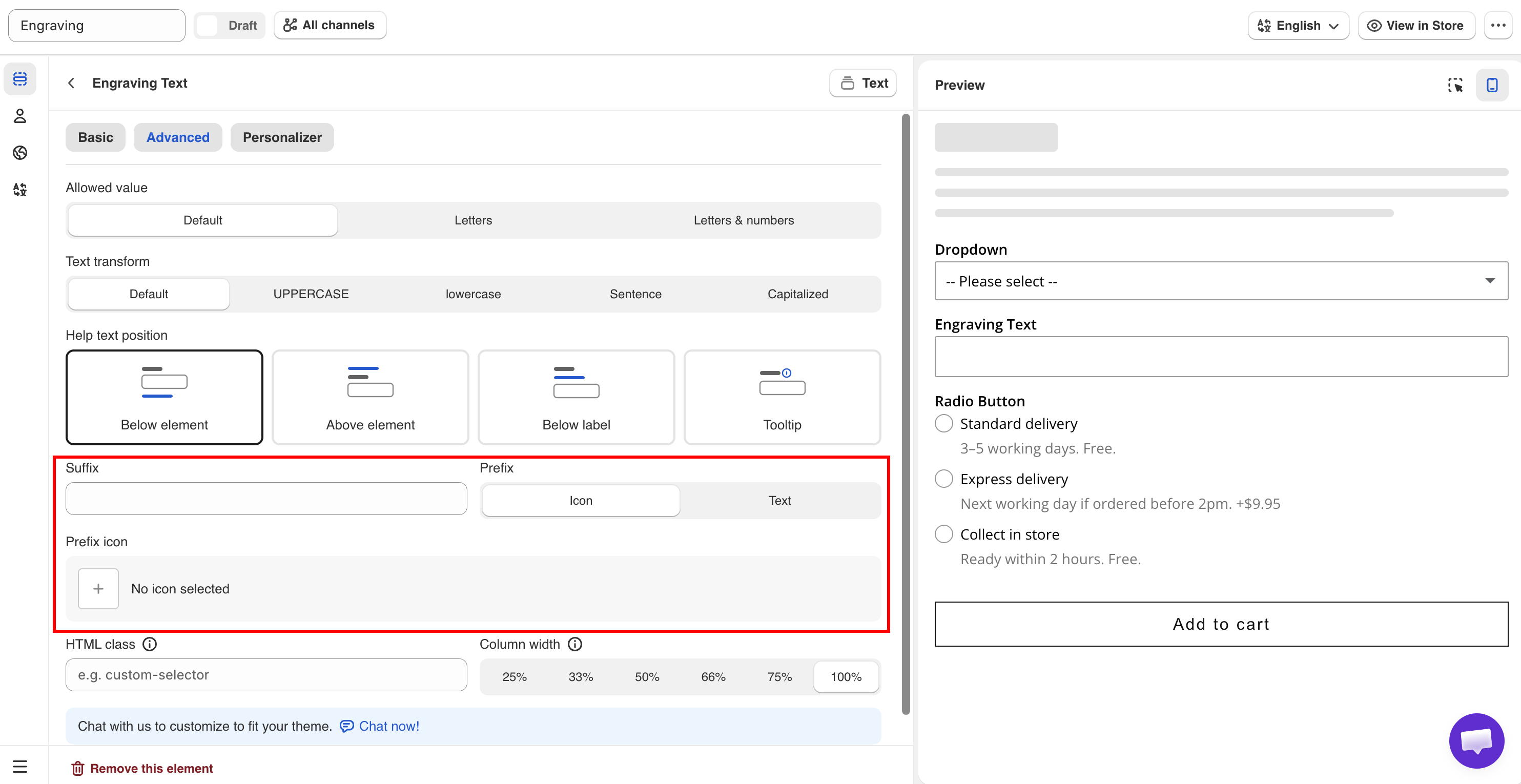 Prefix and Suffix settings on a Number option