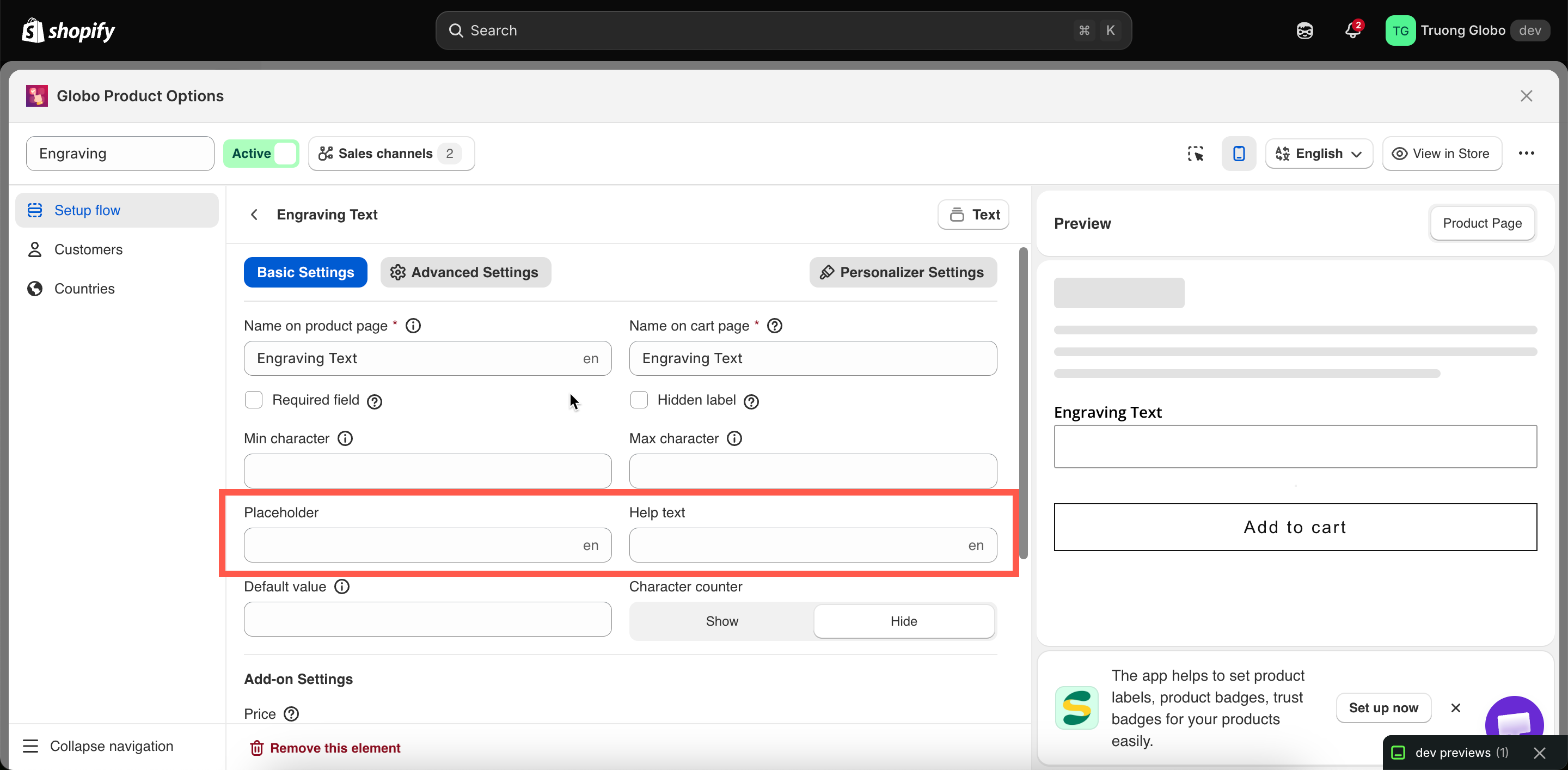 An option's Basic tab with the Placeholder and Help text fields