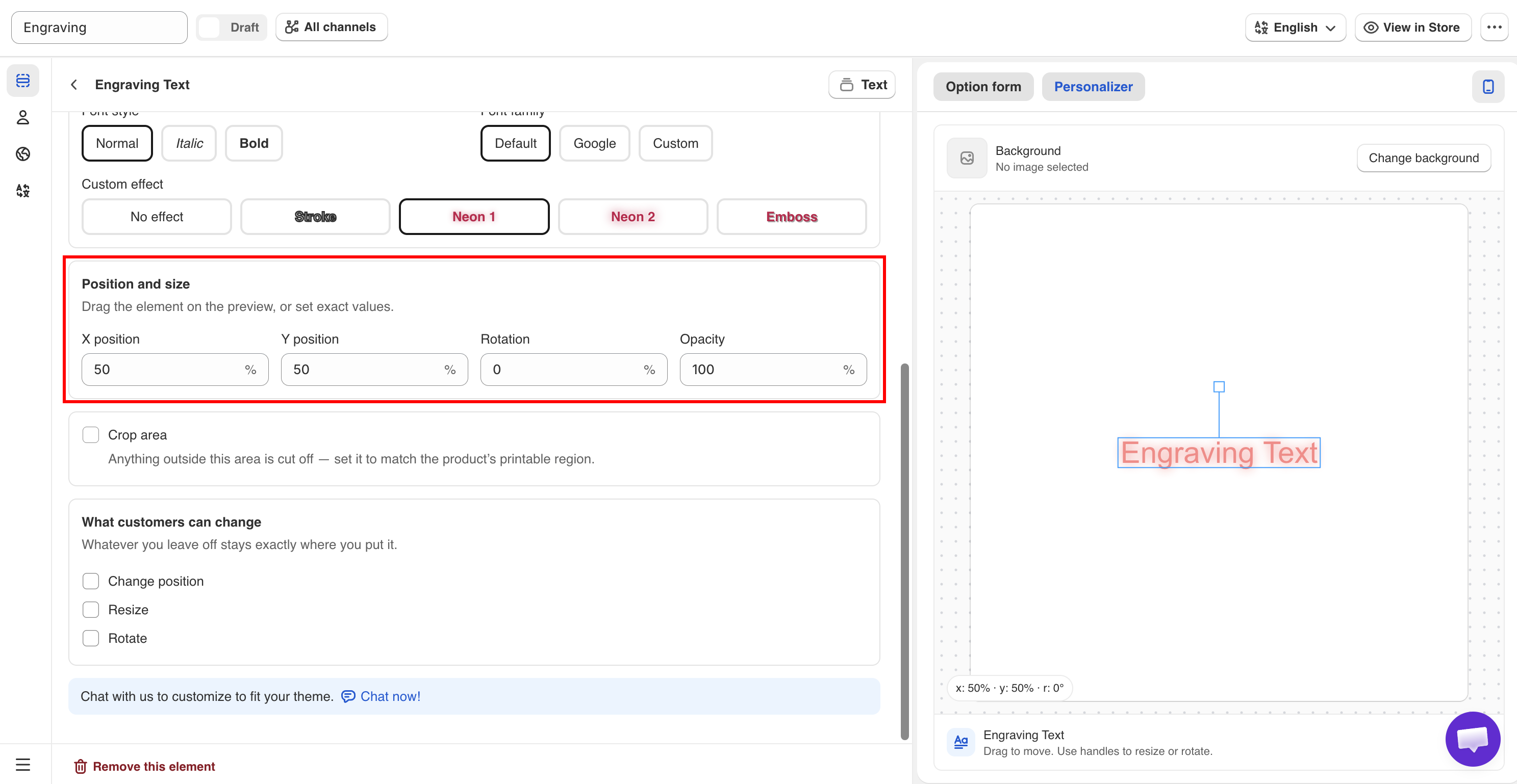 The position, opacity, and rotation sliders on the Personalizer tab