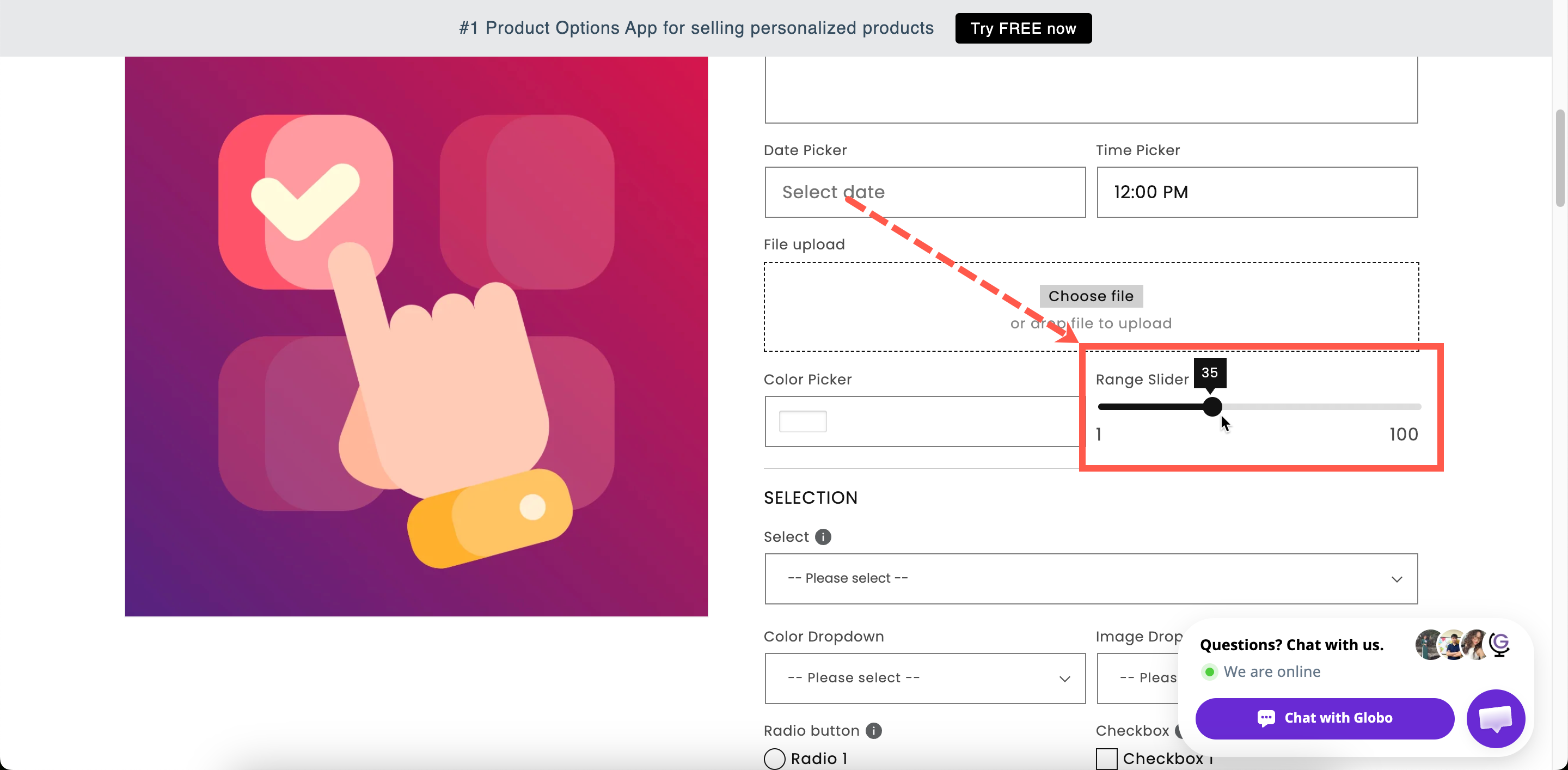 A range slider on a storefront product page showing its current value with a unit