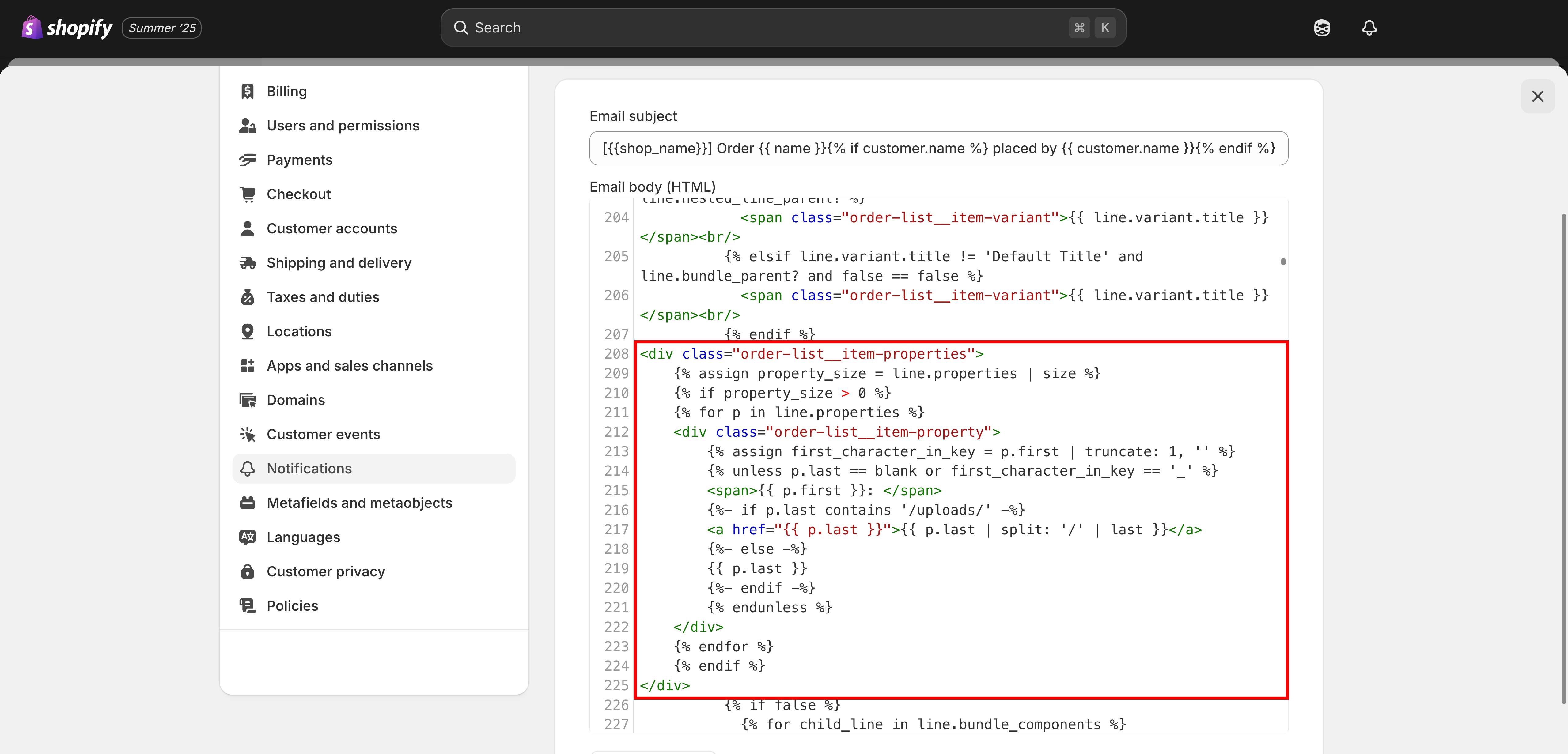 The New order template editor with the snippet pasted into the Email body HTML box