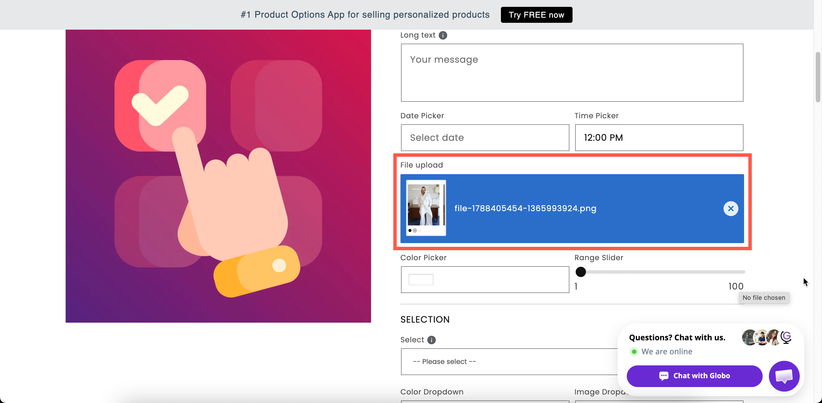 A file upload field on a storefront product page with an uploaded image shown as a thumbnail