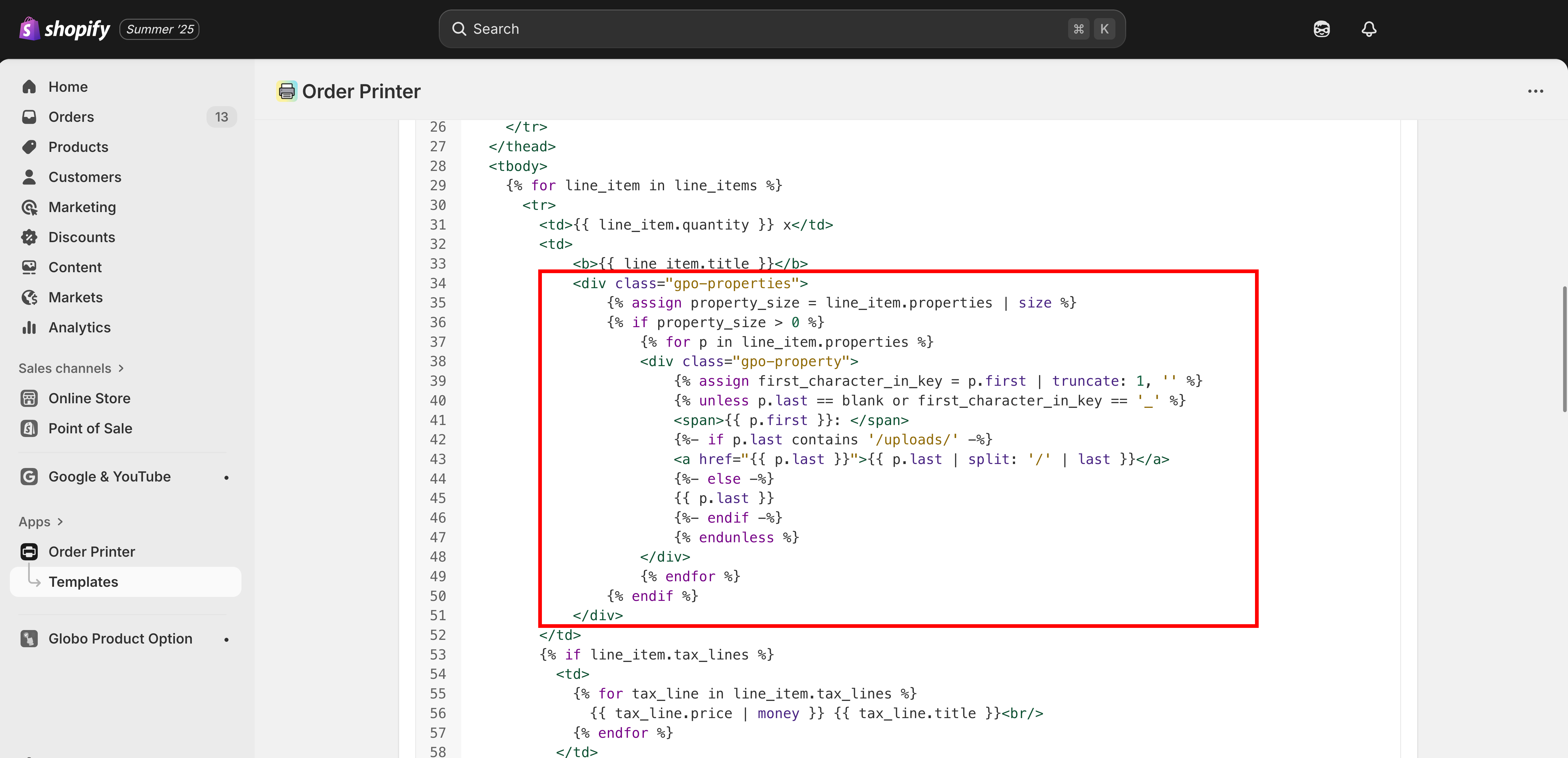The invoice template editor with the snippet pasted into the Template Details field