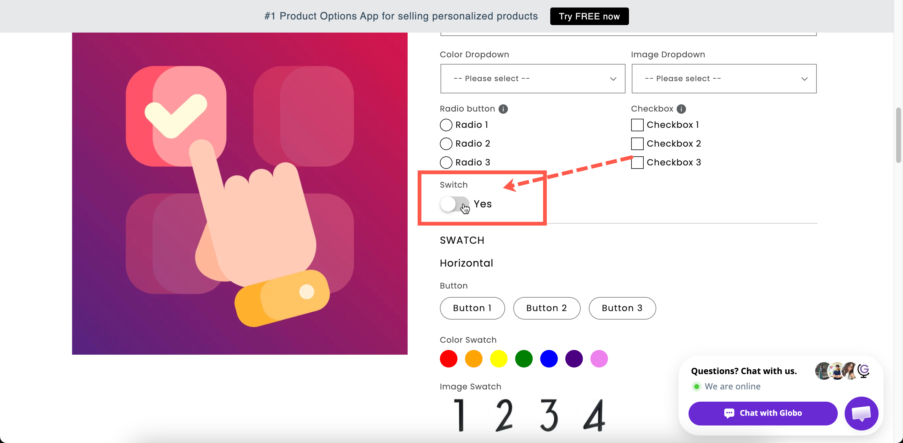 A switch option turned on, on a storefront product page, with its add-on price shown