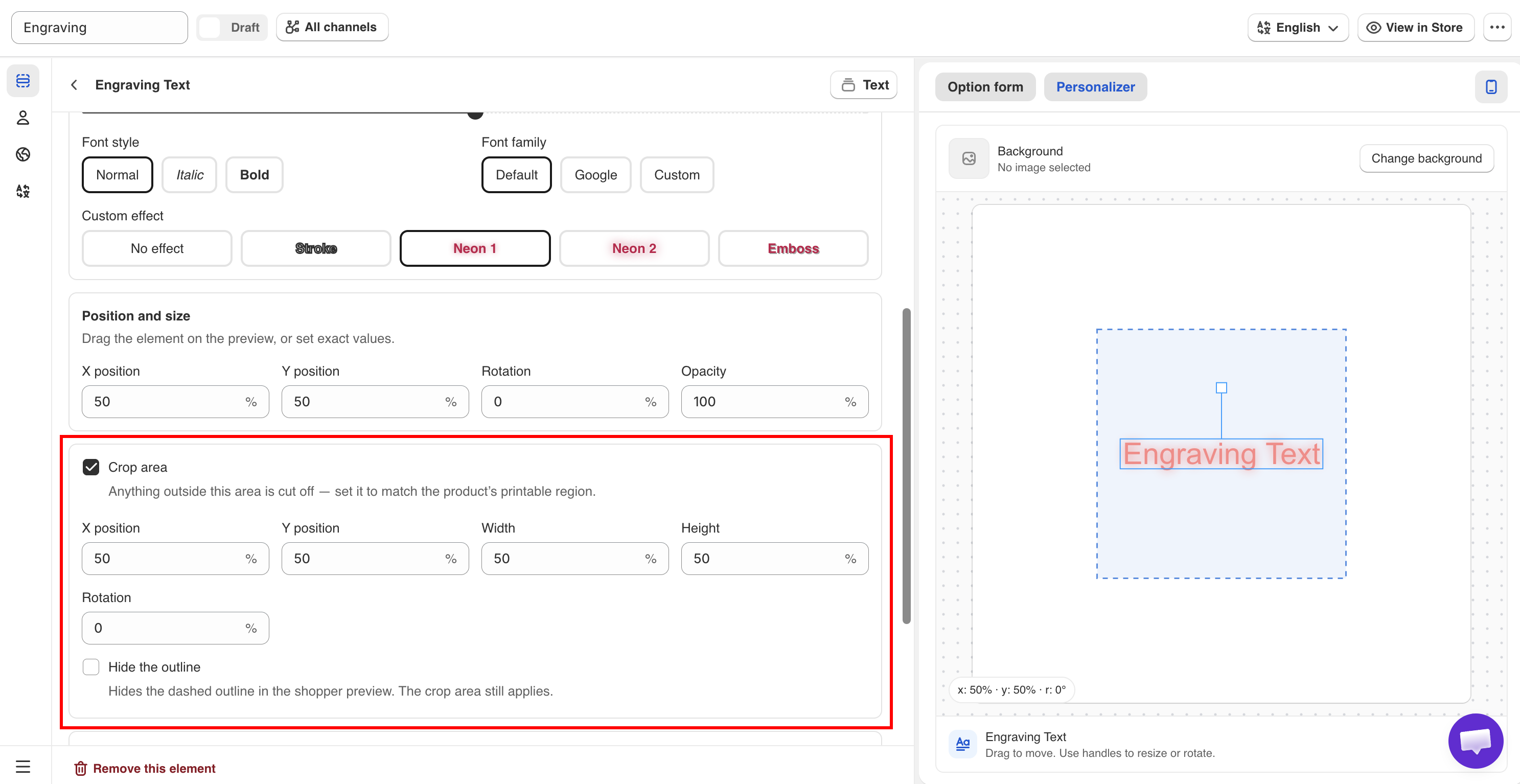 The crop area settings with the region outlined on the product preview