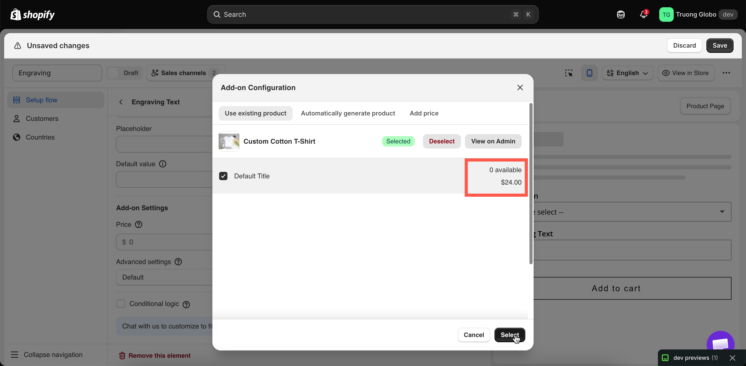 The product picker with a variant selected, showing its price and inventory
