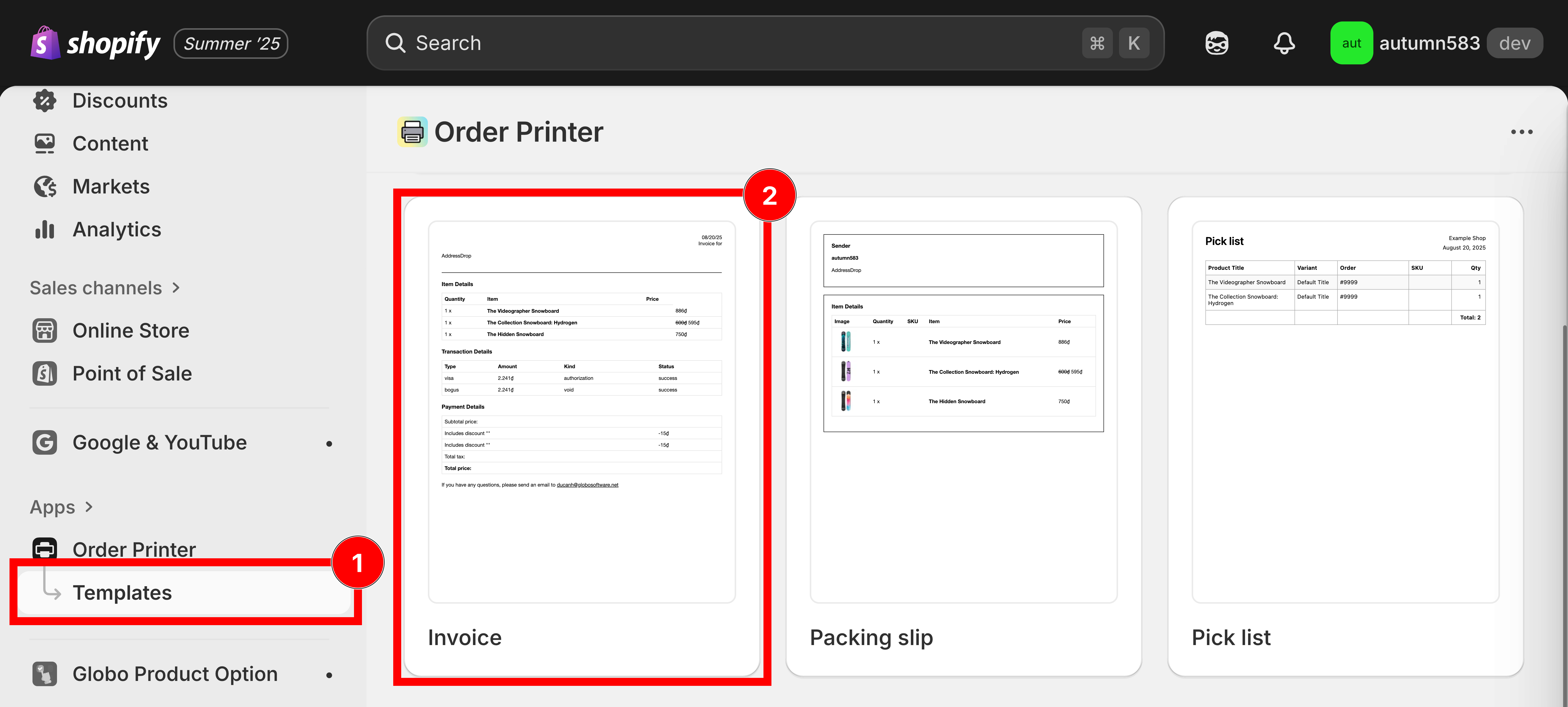 The Order Printer templates screen with Manage templates and the Invoice template highlighted