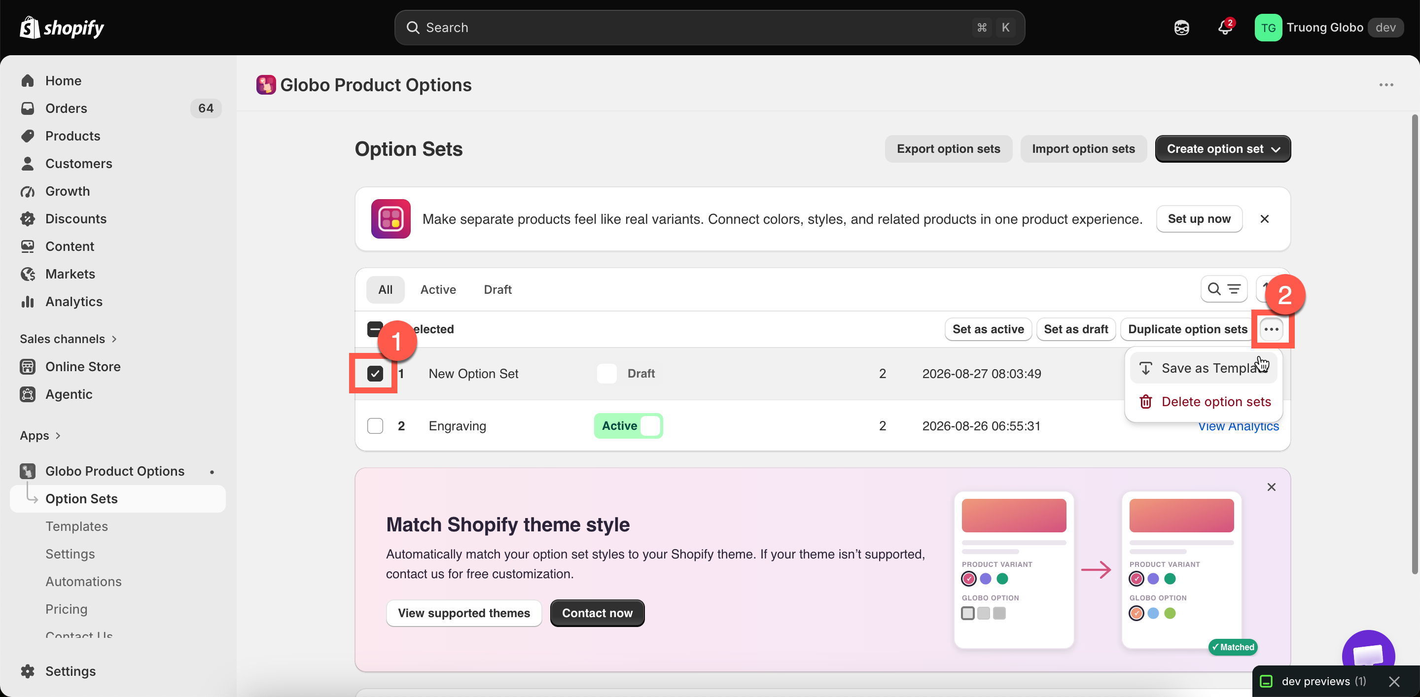 The bulk action bar with set as active, set as draft, duplicate, and the overflow menu