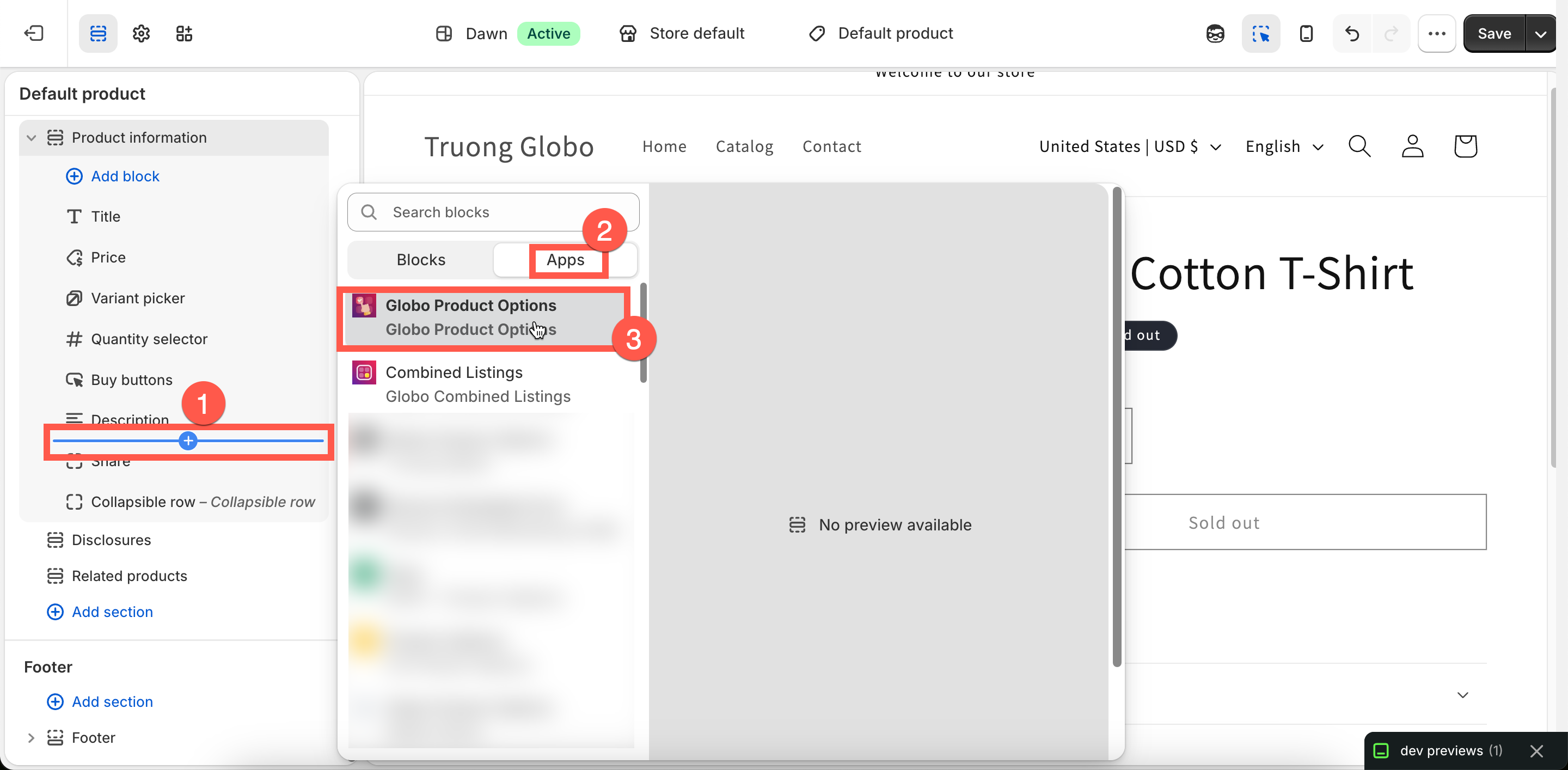 The theme editor sidebar with Add block open and the app listed under the Apps tab