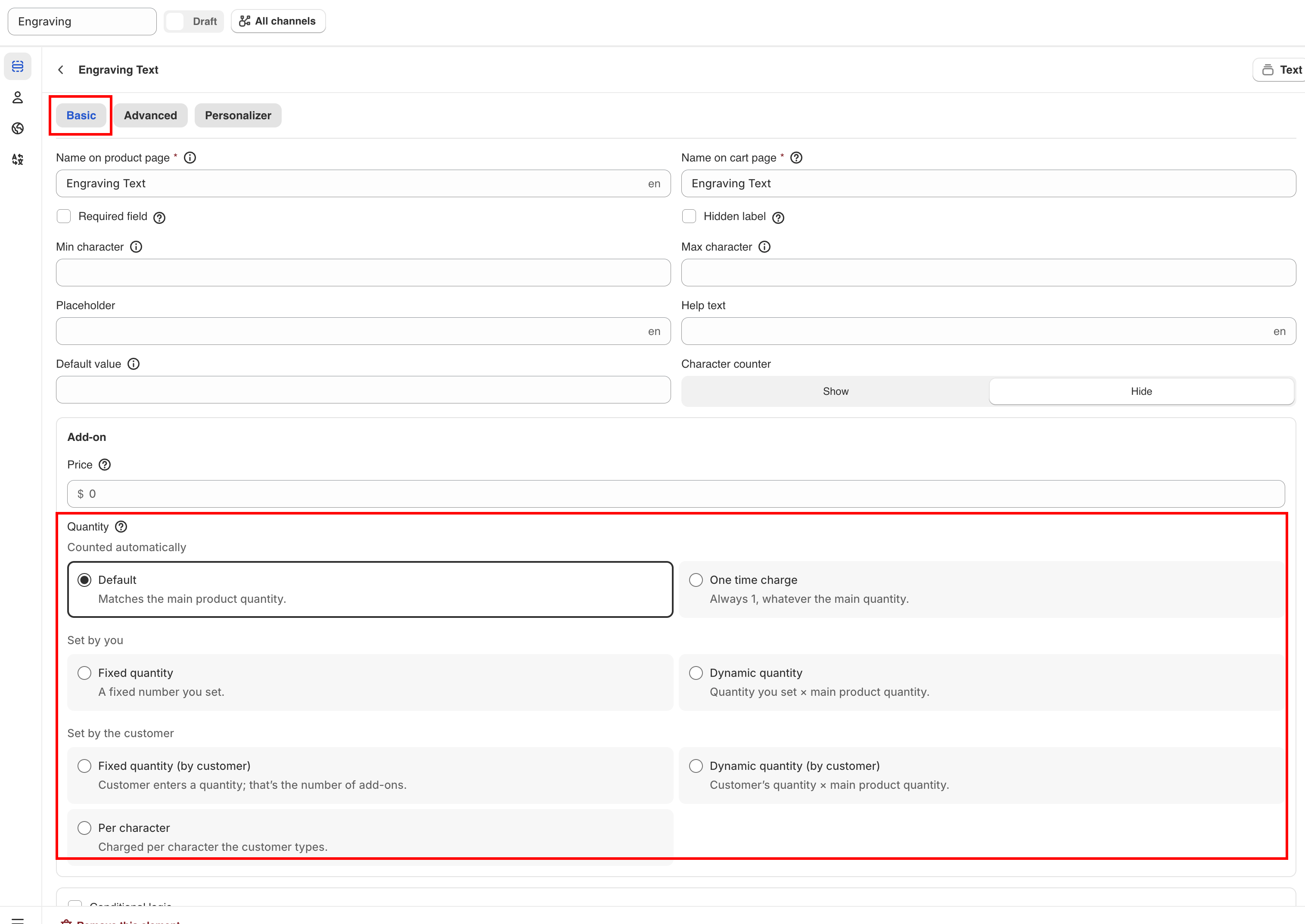 The Add-on quantity dropdown open, with the modes listed under their three group headings