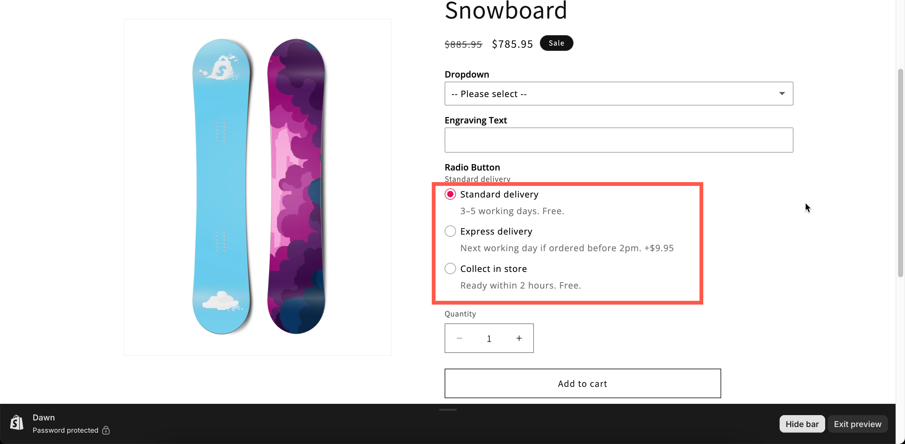 A vertical radio button list on a storefront product page with help text under each value