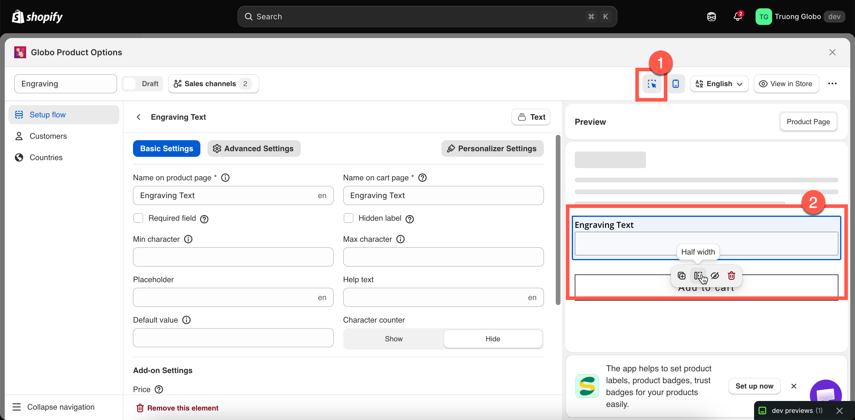The inspector highlighting an option in the preview with its action bar