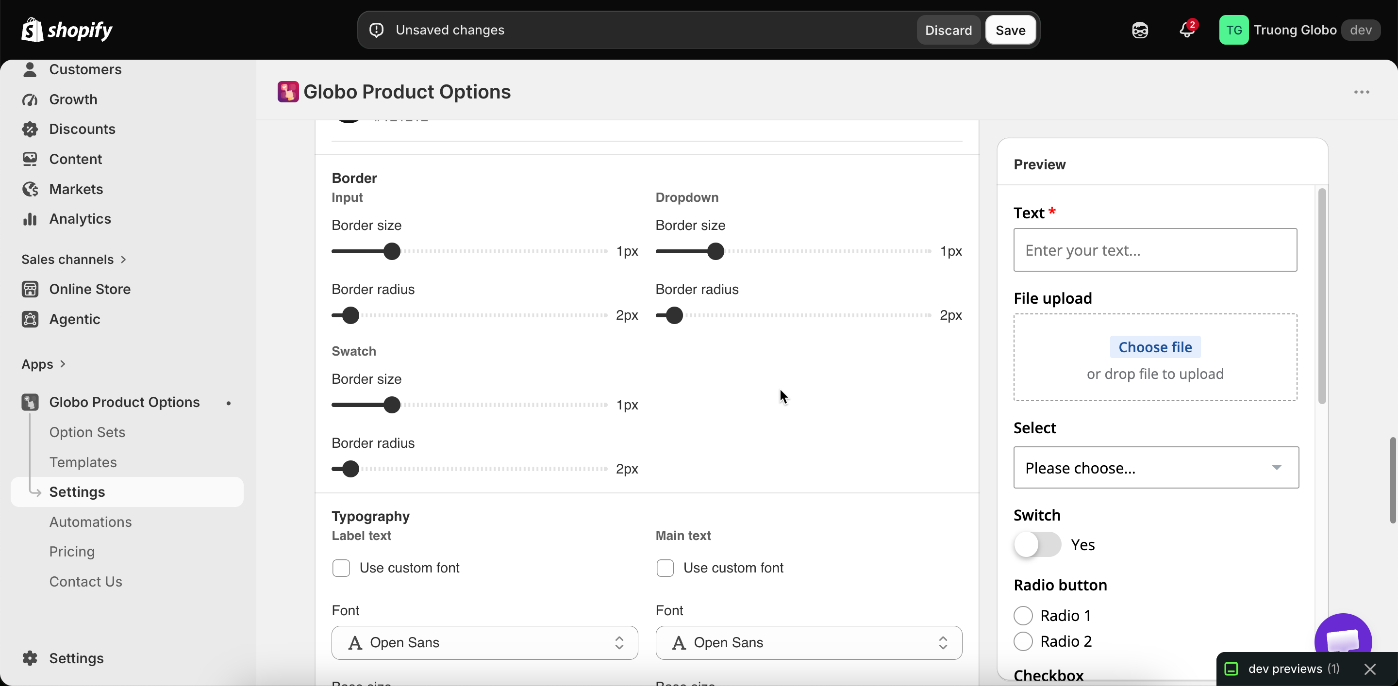 The border and typography settings groups in the Design tab