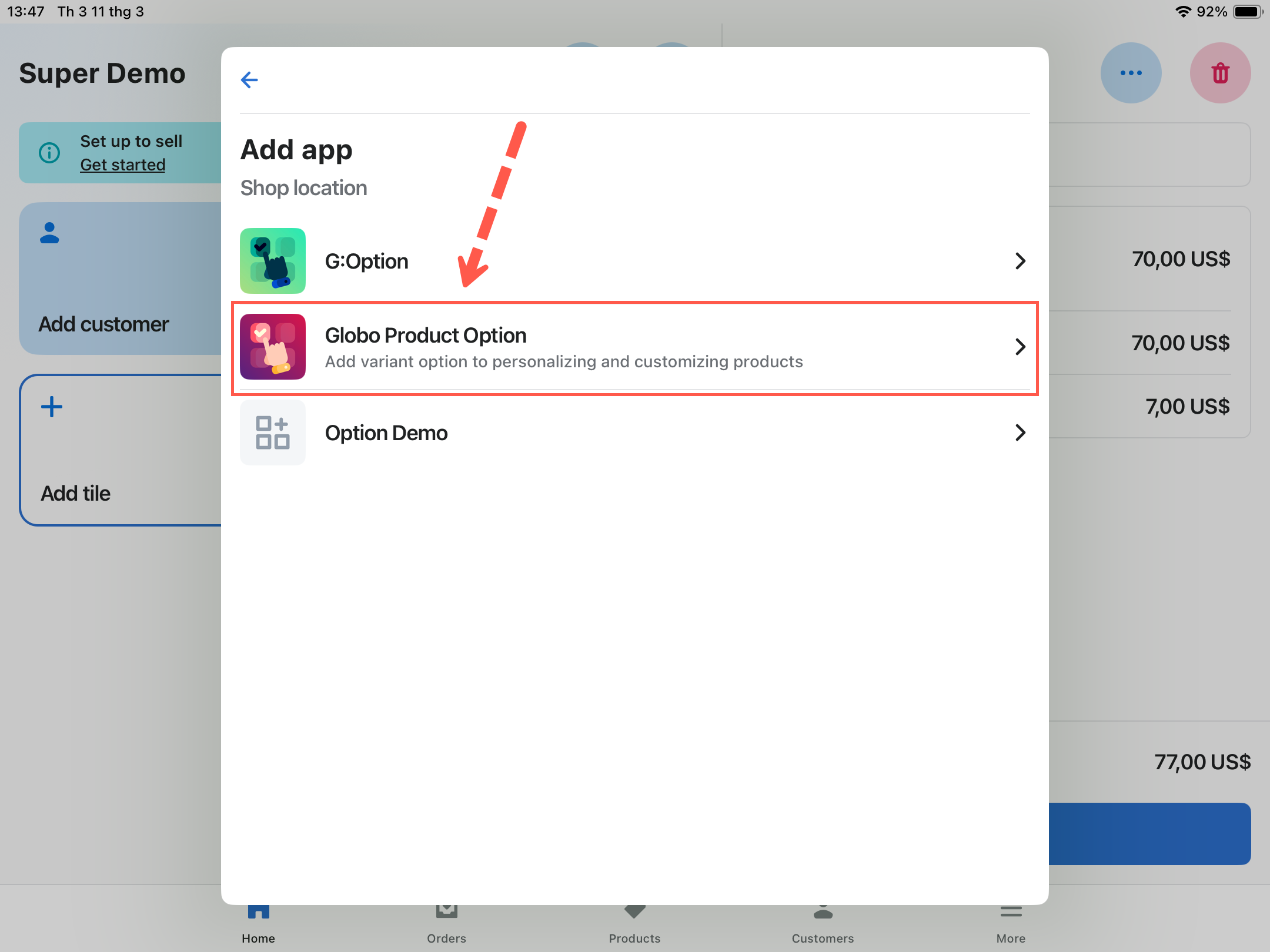 The Add app panel in Shopify POS with Globo Product Option highlighted