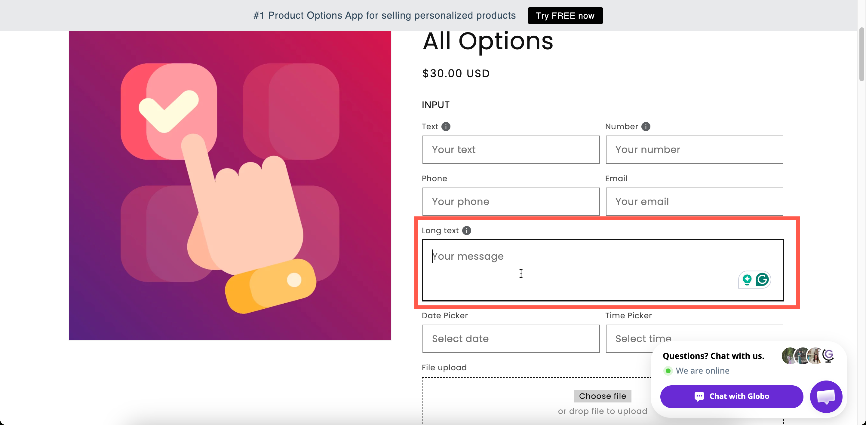A multi-line textarea on a storefront product page with a gift message typed into it