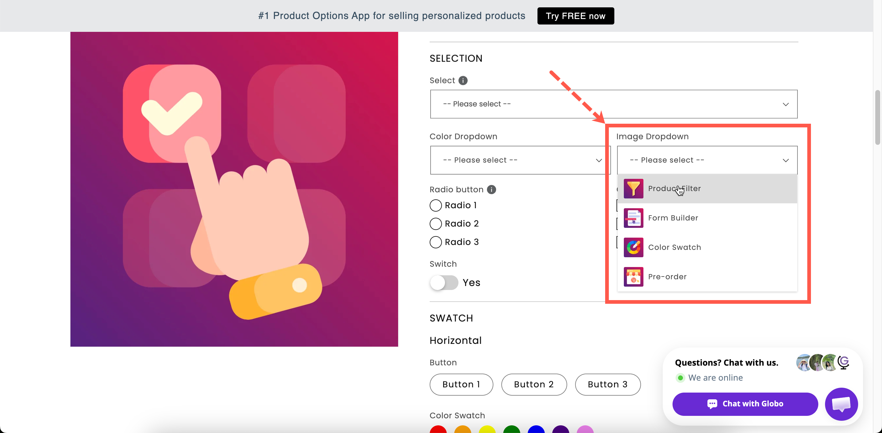 An open image dropdown on a storefront product page with a thumbnail beside each entry