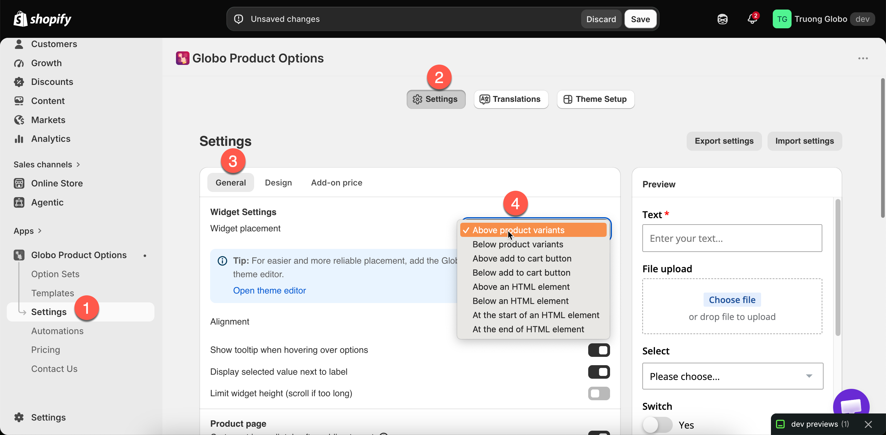 The widget placement dropdown showing the default and custom position groups