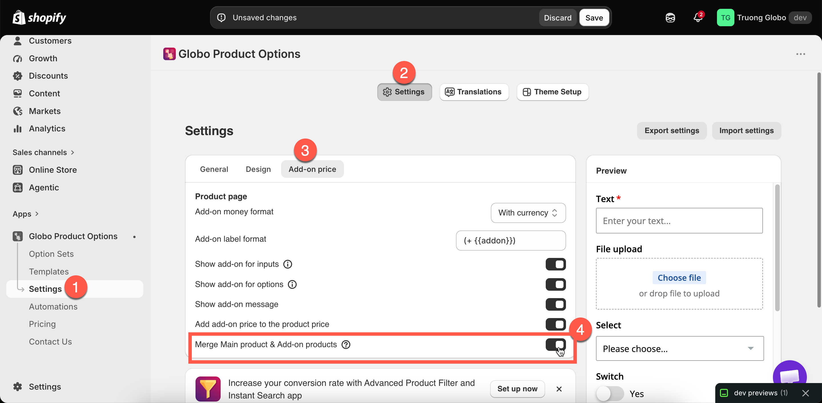 The cart page settings group with its three switches