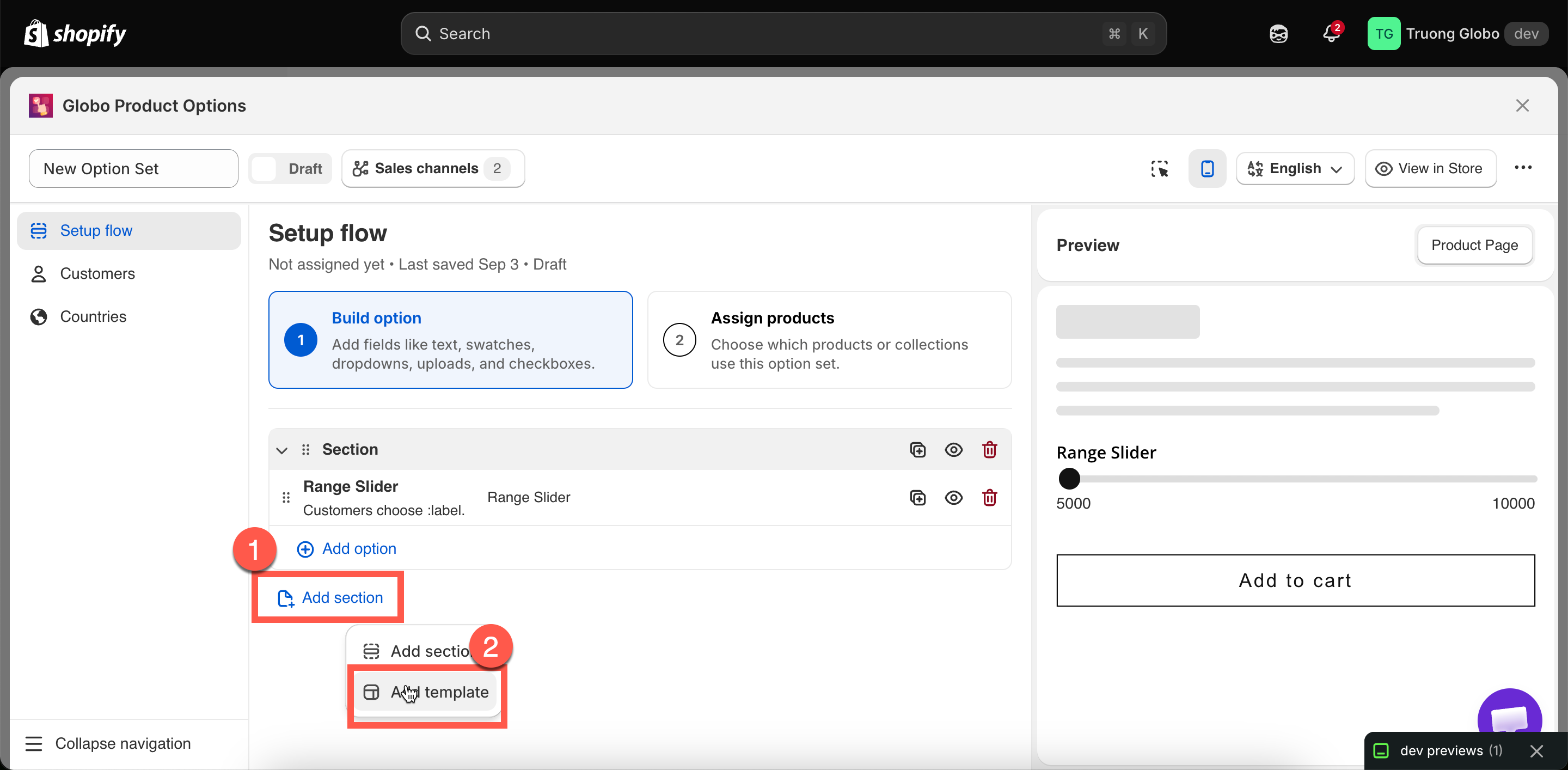 The Add template action in the builder's option picker