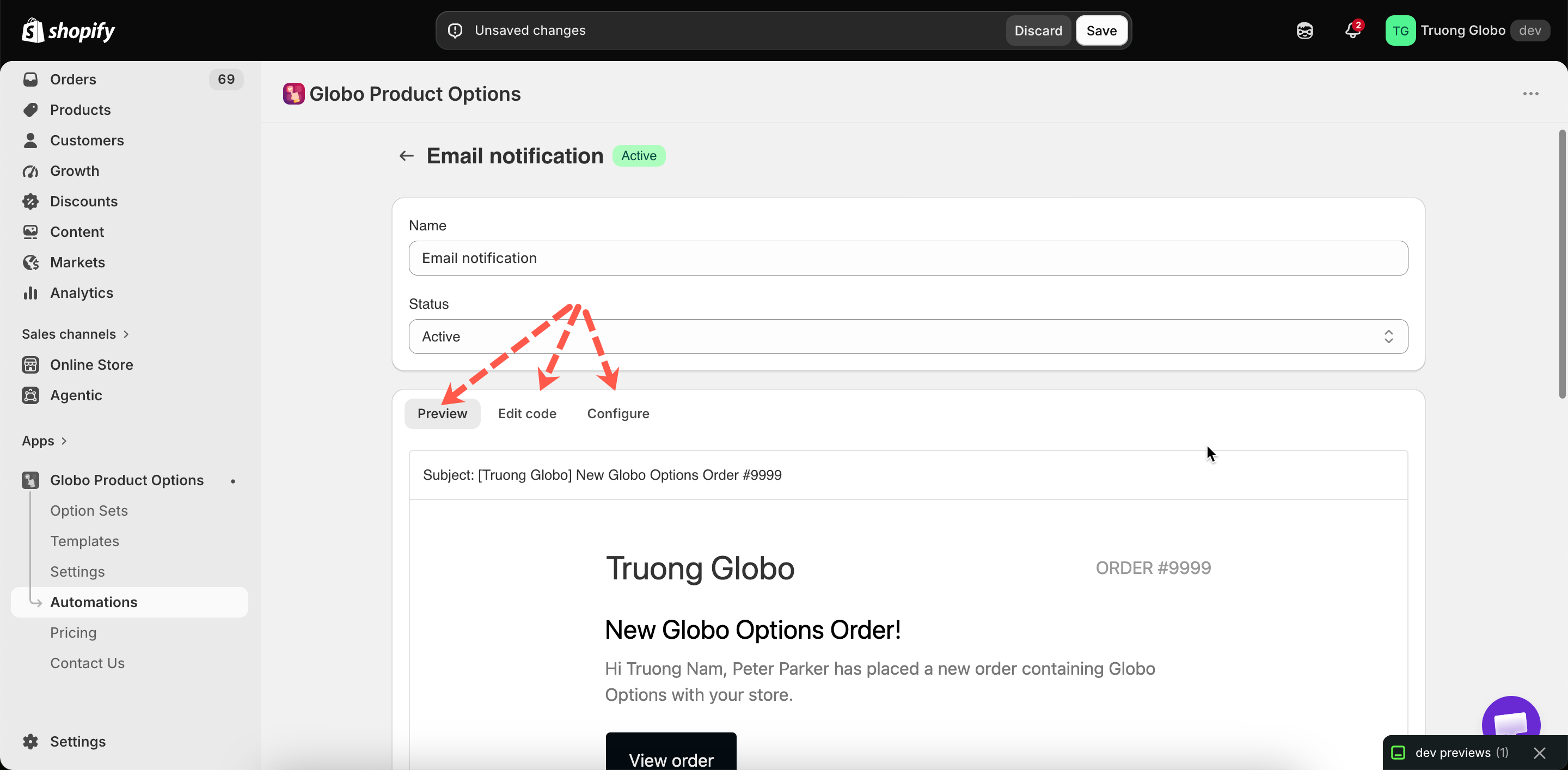 The email notification workflow with its Preview, Edit code, and Configure tabs