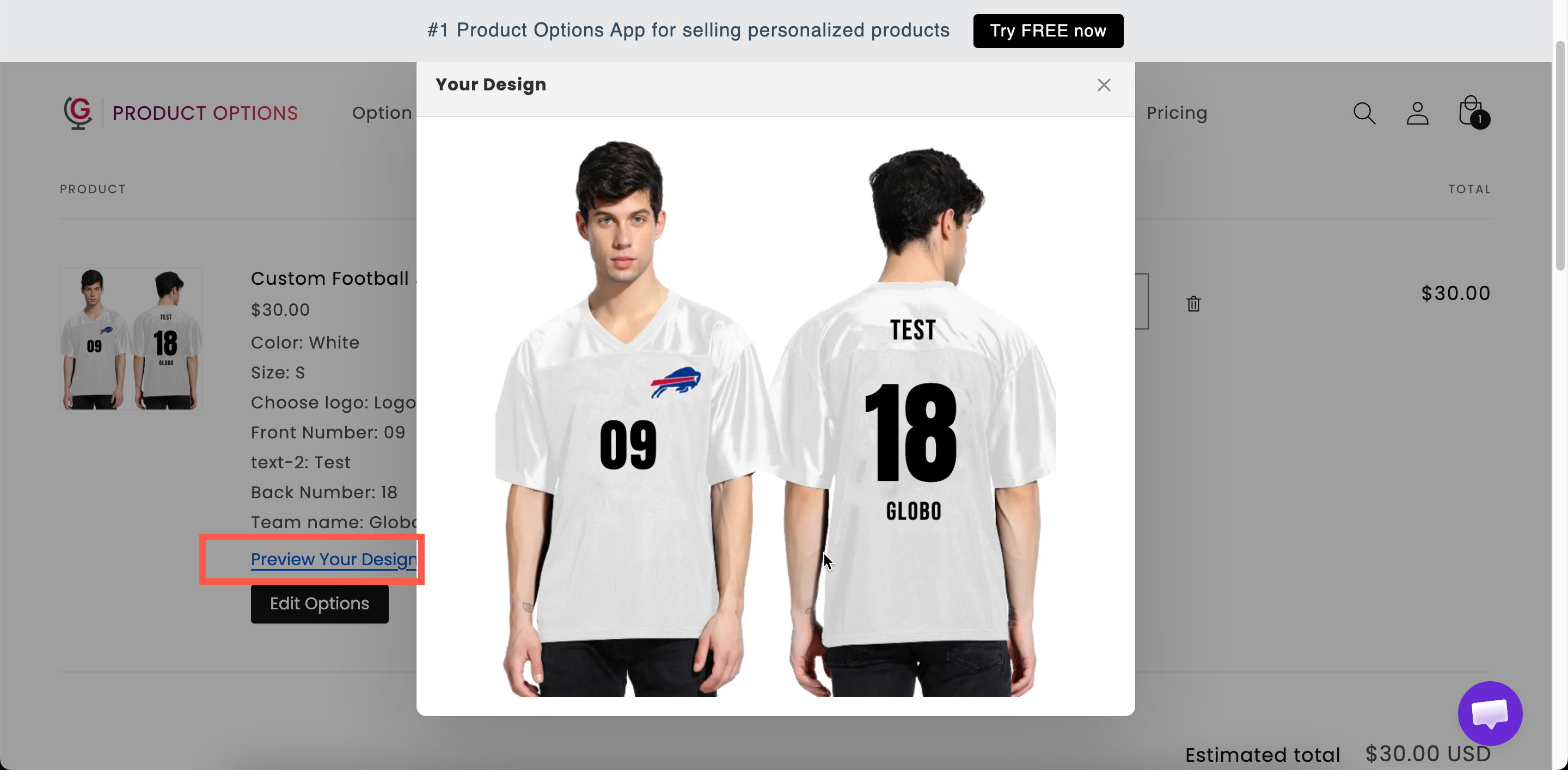 A cart line with its option details and the design preview open in a modal