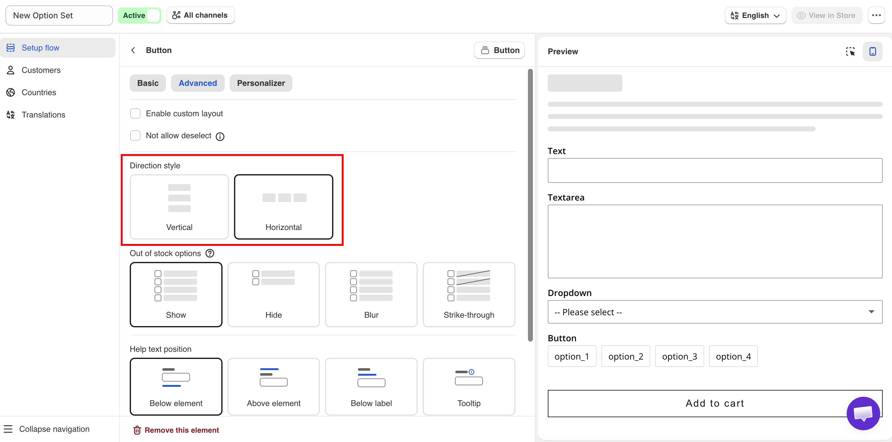 Advanced tab showing Direction style, Column width, and HTML class