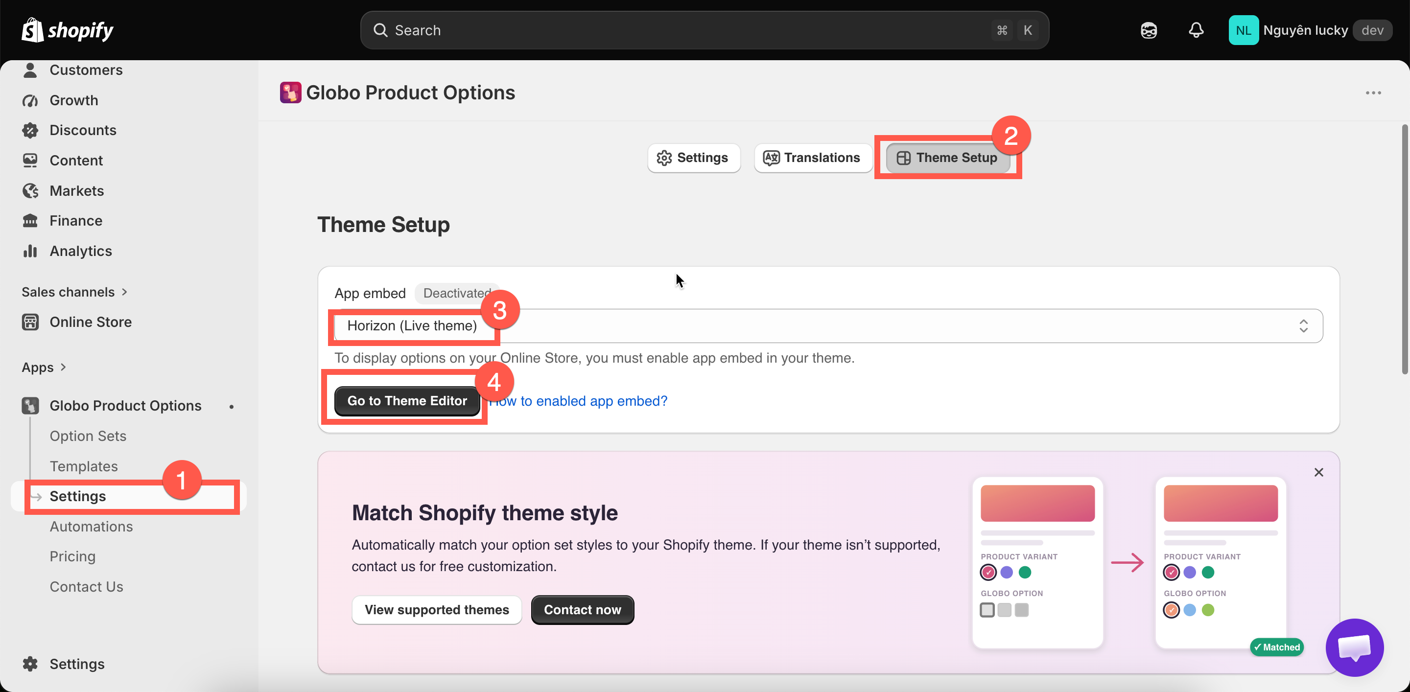 The Theme Setup page with a theme selected, a Deactivated badge, and the Go to Theme Editor button