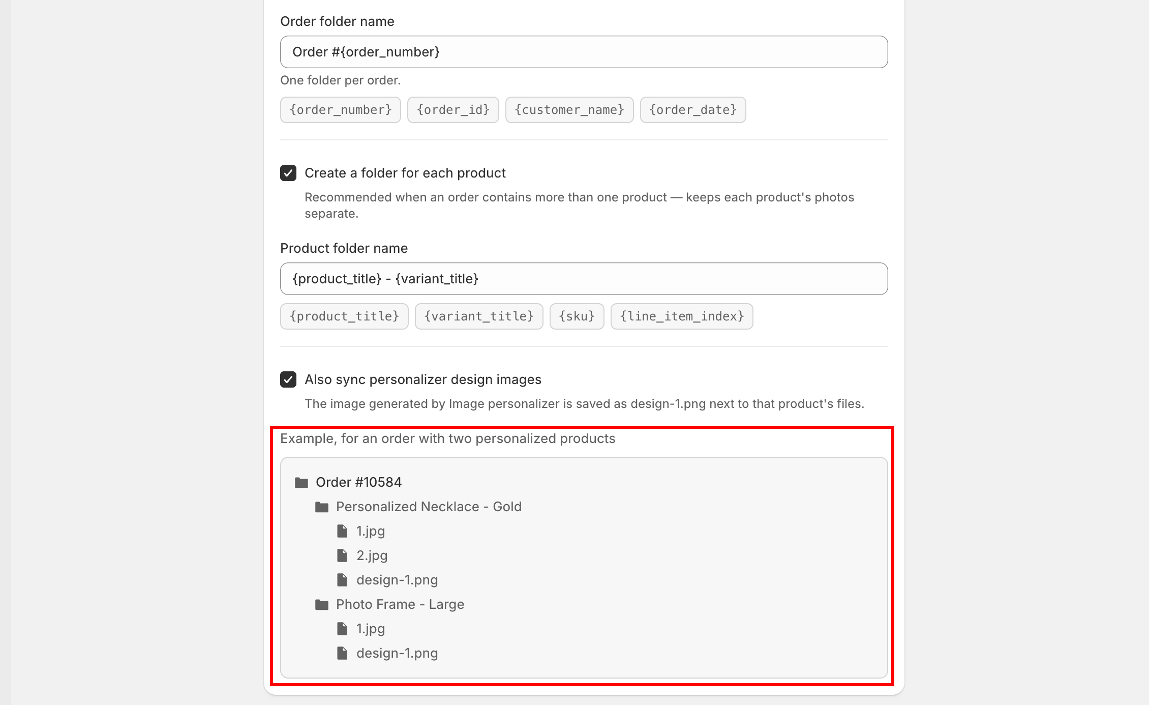 The destination settings with the folder tree preview underneath