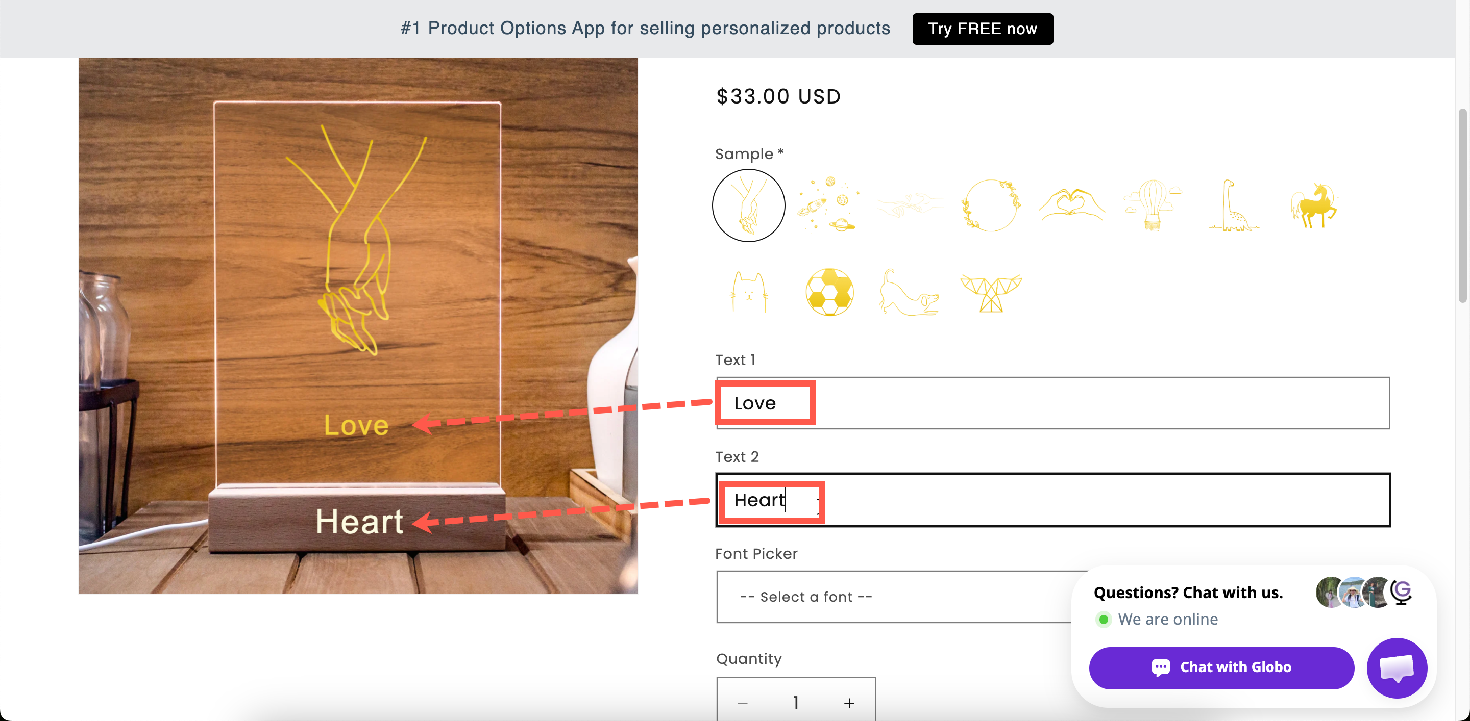 A storefront product page with the customer's typed text drawn onto the product photo