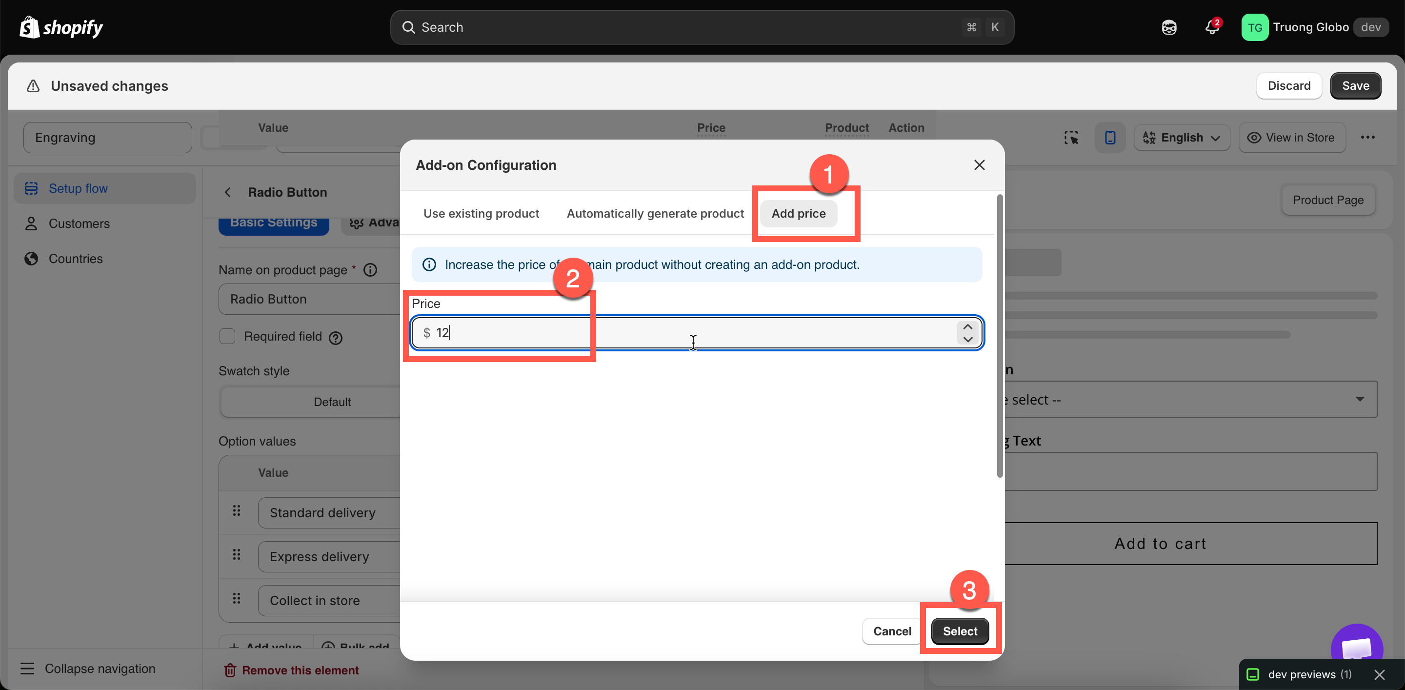 The Fixed amount tab of the add-on dialog with a price entered