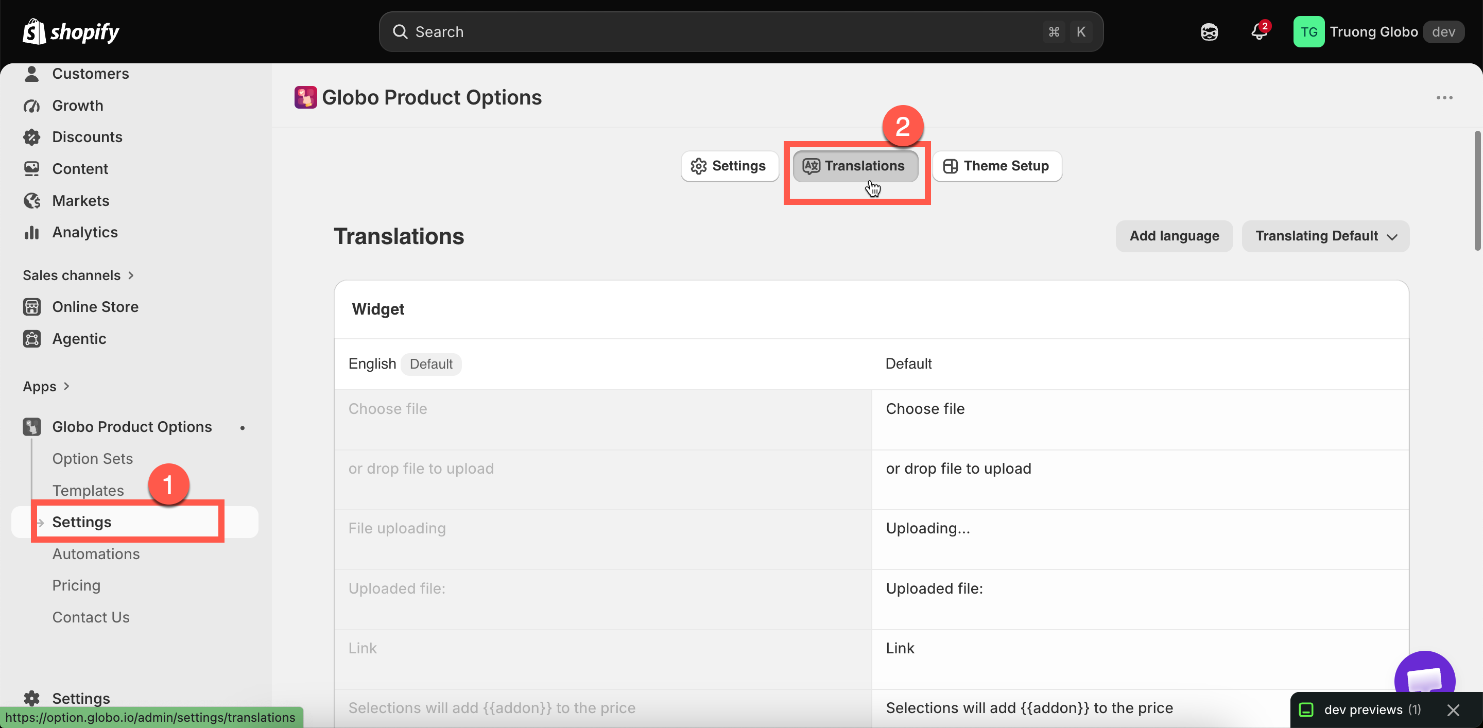 The Translations page with its four groups of widget text and the add language control